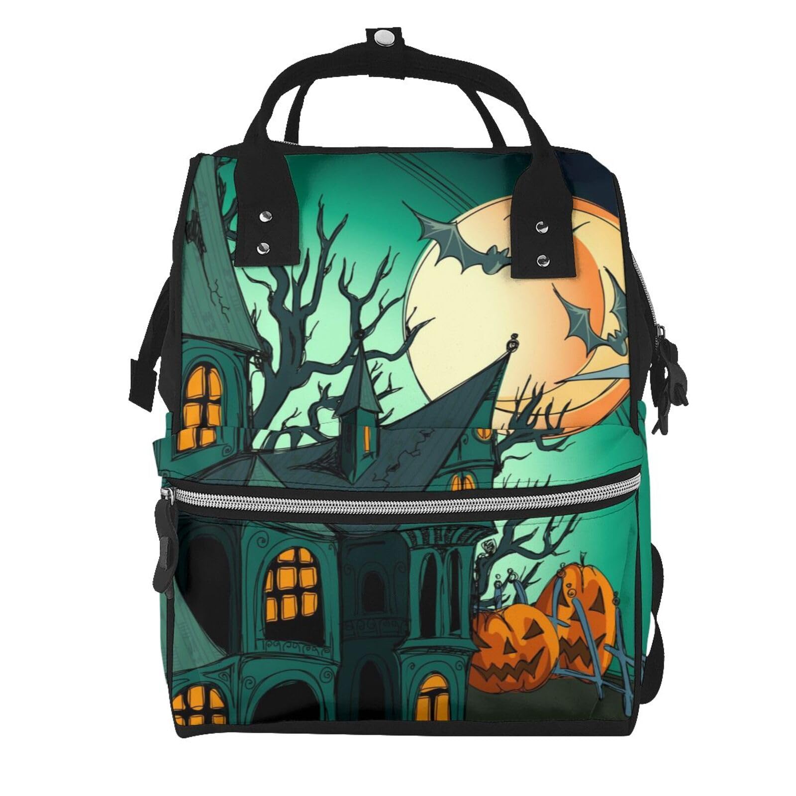 Sac à dos à couches Halloween avec compartiment PC portable imprimé citrouilles et château