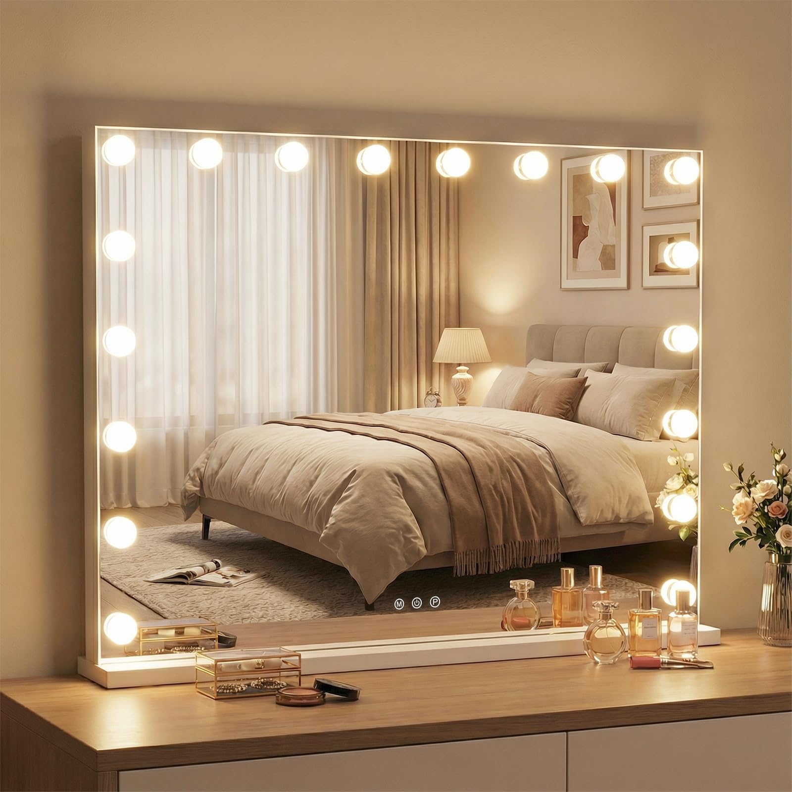 COSTWAY Hollywood Vanity Mirror with Lights, Tabletop Lighted Makeup Mirror with 3 Color Modes & Touch Screen, Large Cosmetic Dressing Table Mirror for Bedroom (80 x 63cm, with 18 Dimmable LED Bulbs)