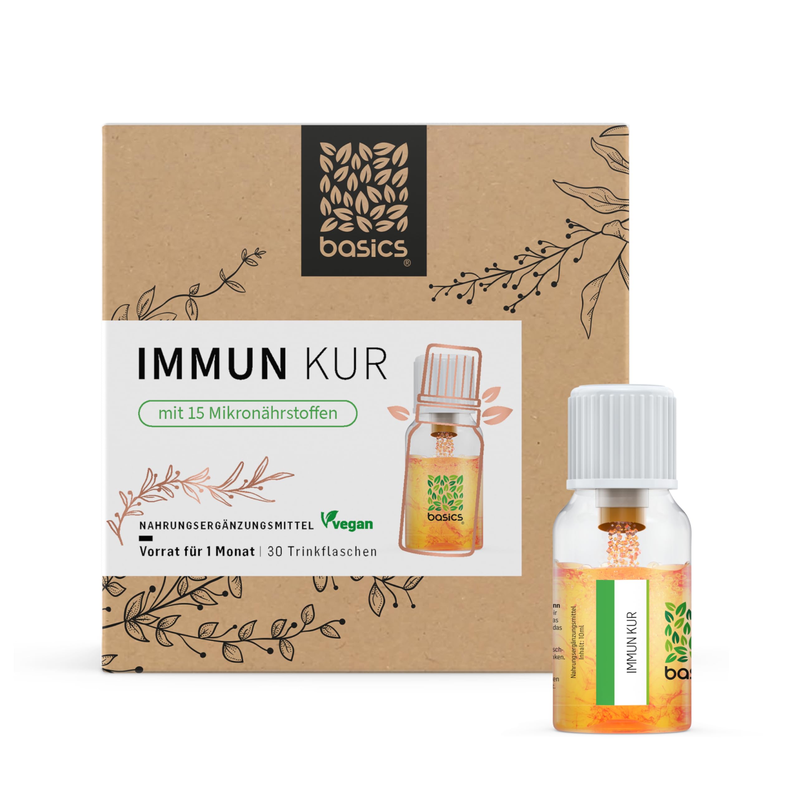 IMMUN KUR - Immunsystem stärken mit basics - Monatskur, 30 x 10ml Fläschchen - Hochdosiert, Kombination aus 15 Mikronährstoffen. Ohne unerwünschte Zusätze - Vegan - Laborgeprüft