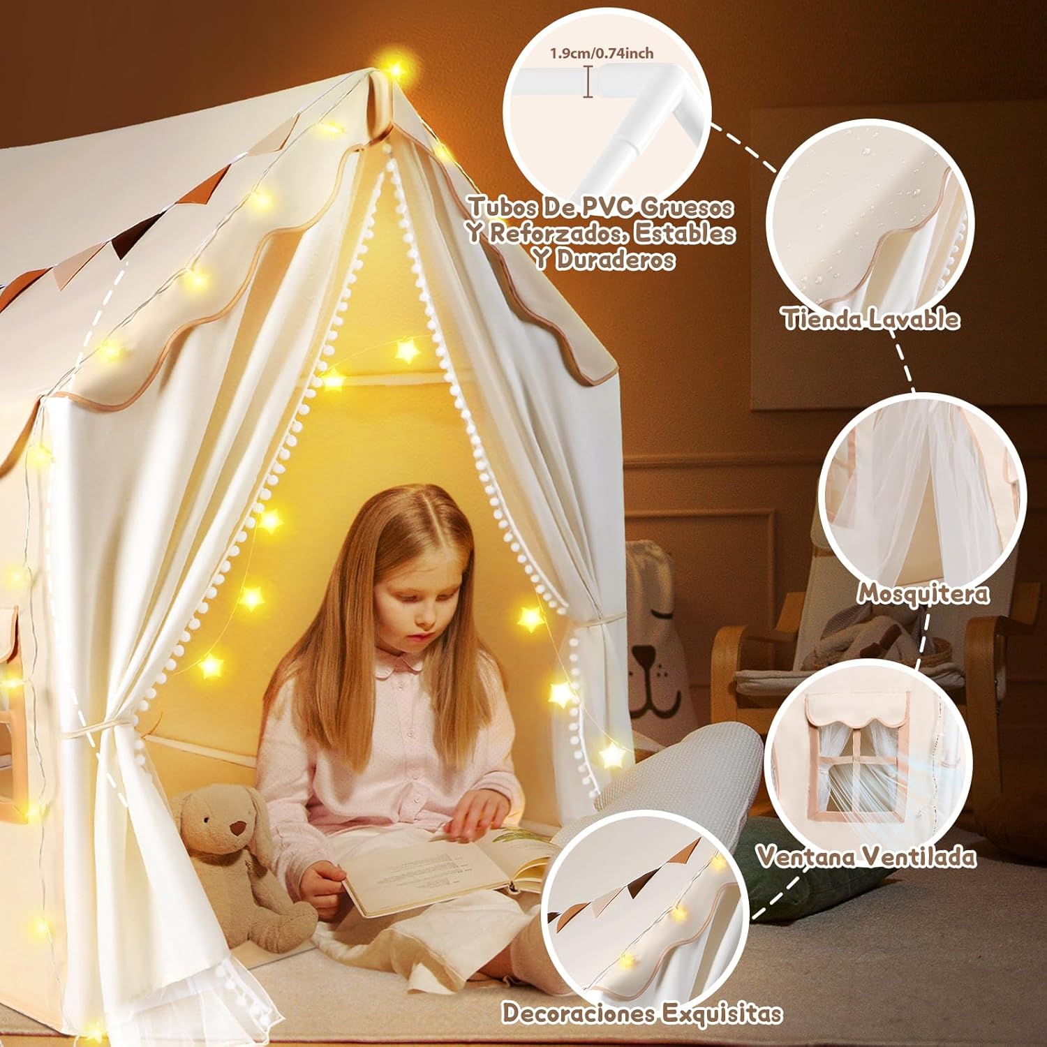 Close-up details of the play tent features: thick PVC poles, washable fabric, mosquito net, ventilated window, and decorative elements.