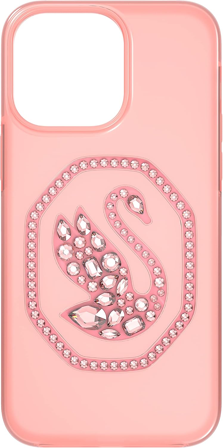 Swarovski Signum Phone Case for iPhone 14 Pro Max with Pink Crystals, Pink Background Swan Motif, Part of The Signum Collection