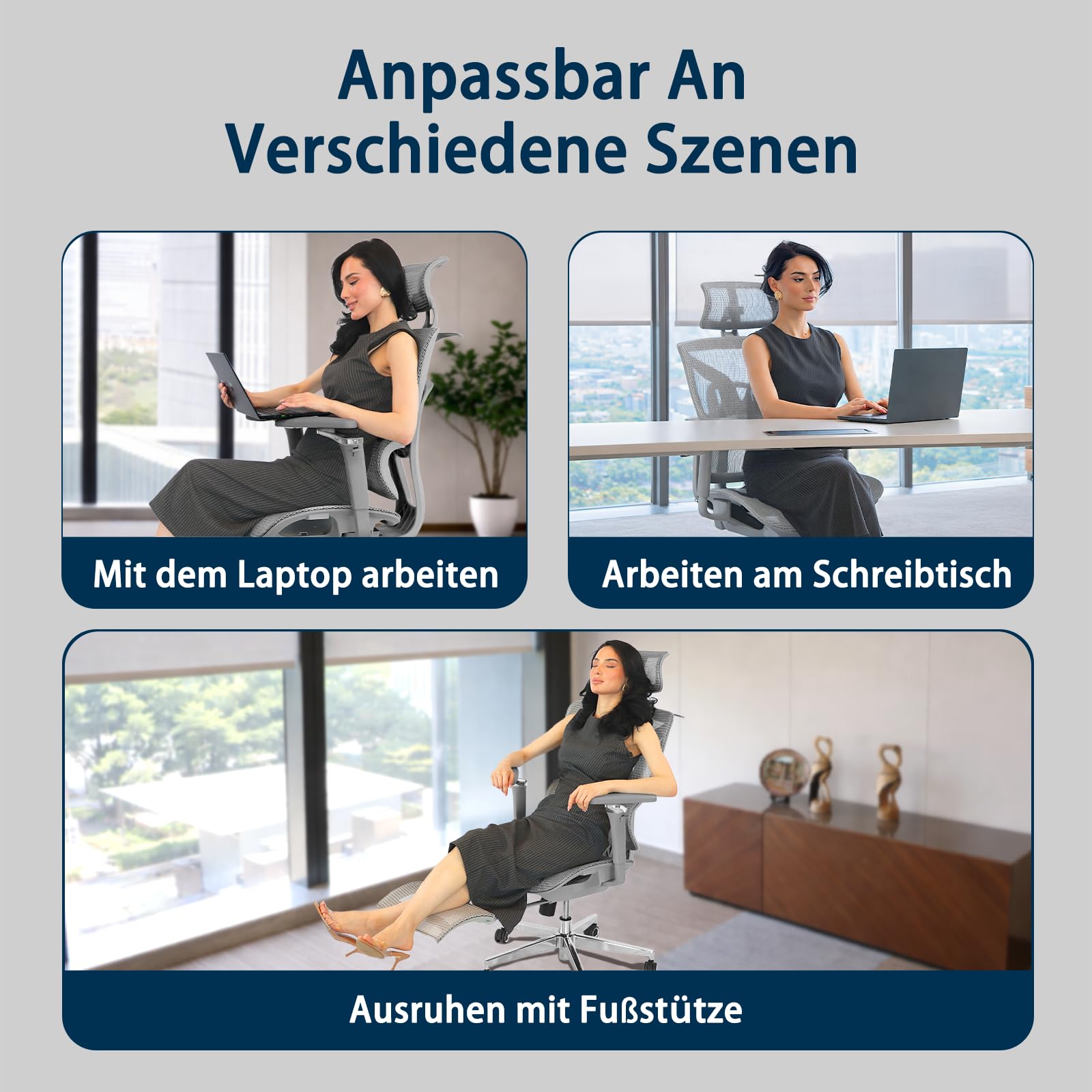 Ergonomischer Bürostuhl Große und Schwere mit Fußstütze, 5D Verstellbare Armlehnen, Lendenstütze, Netz-Rückenlehne, Verstellbare Sitztiefe, Drehbarer Gaming Stuhl Grau