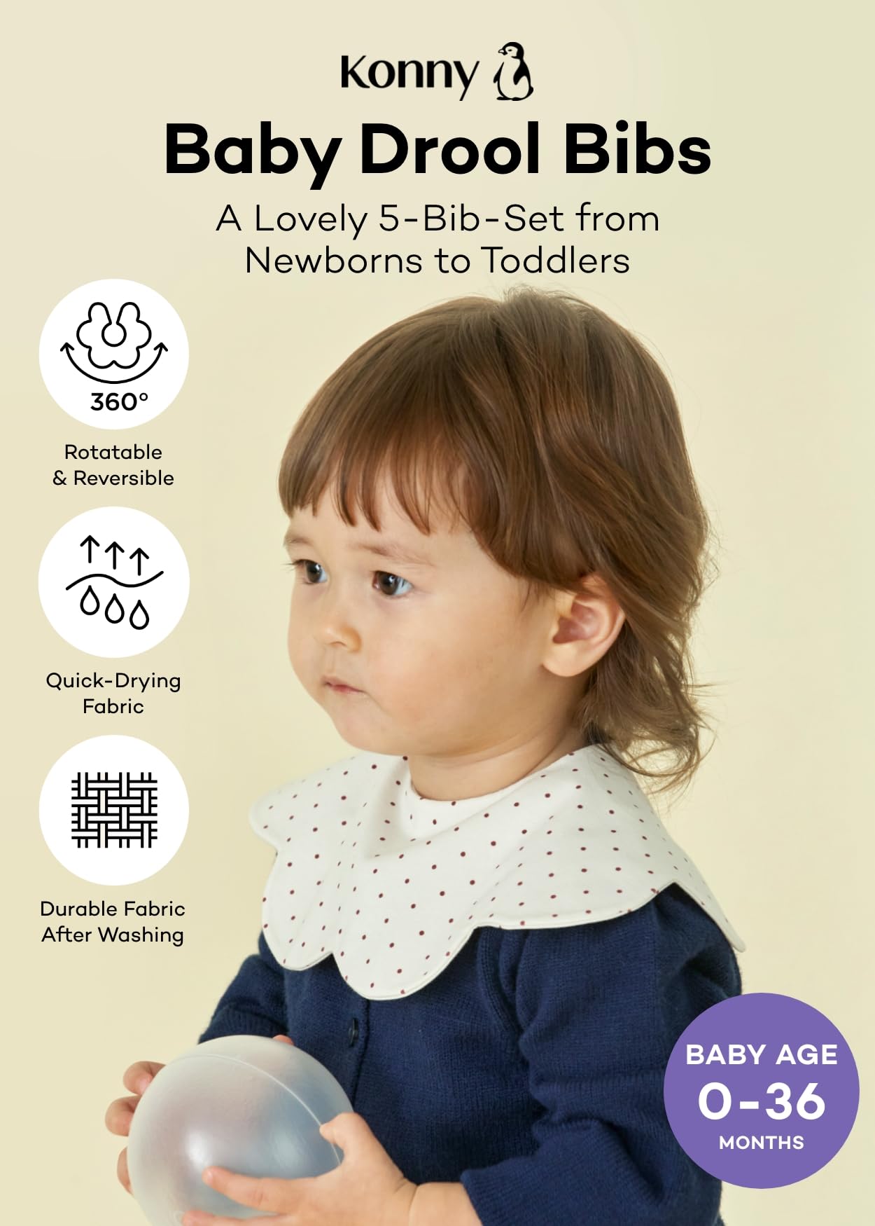 Konny Baby Bibs 5-Pack, 360 ??° Rotate, Soft and Absorbent Bandana for Drooling and Teething Newborn Boys Girls Baby Essentials (Set 4 - Mint, Pink, Beige, Wine Dot, Creamy Gingham)