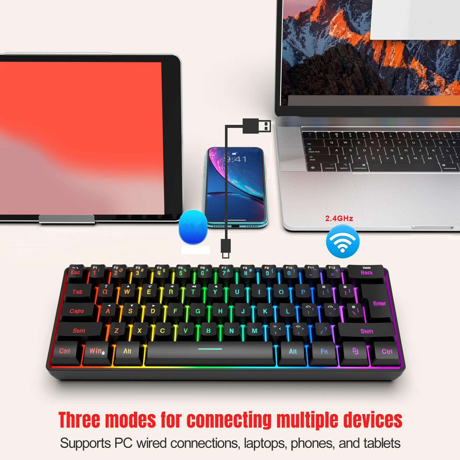 Tastiera da Gioco Al 60%, Teclado Gamer 3 modalità Tastiera Silenziosa 61 Tasti 2.4G Wireless Cablata Tastiera Retroilluminata RGB per Laptop, Telefono, Tablet (BLACK)