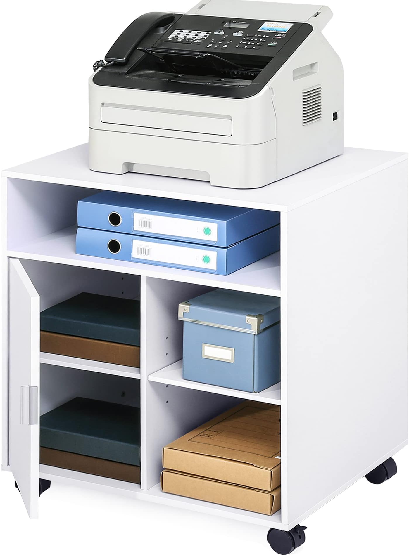 FITUEYES Printer Stand with Storage On Wheels Mobile Wood Work Cart