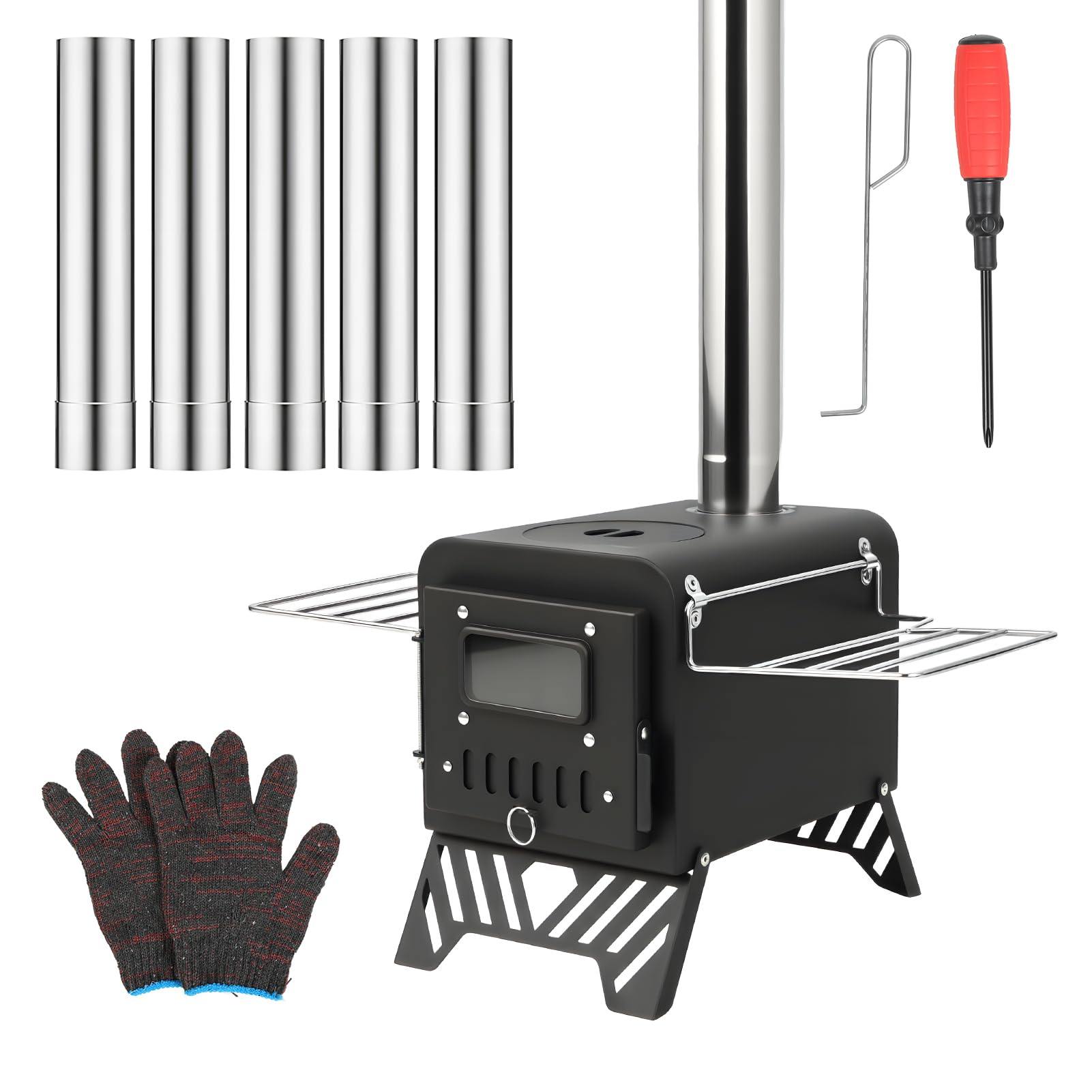 2 in 1 Portable Sauna Hot Tent Stove Wood Burning Stove with 5 Chimney Pipes Folding Camping Stove Stainless Steel Outdoor Cooking Heating Stove for Camping Hiking Fishing (Black 2)
