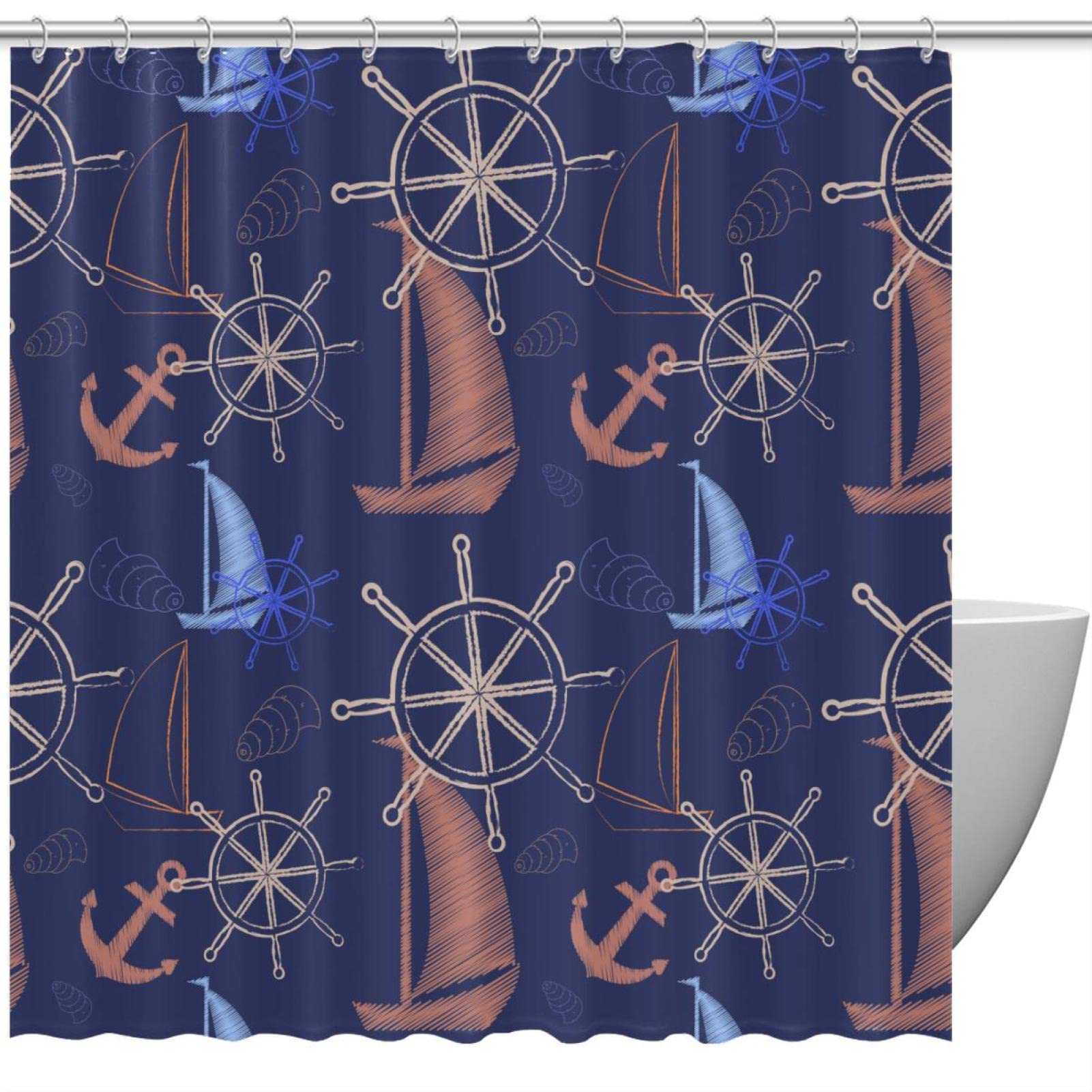 Rideau de douche bateau et ancre marine en tissu aquarelle haut de gamme 183 cm