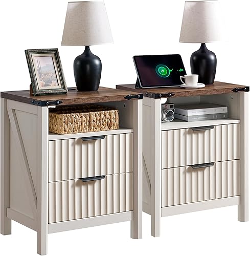 Mesita de noche acanalada con estación de carga, juego de mesa auxiliar de granja de 2 a 20 pulgadas, mesita de noche moderna, elegante mesita de