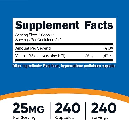 Miniatura 2 de Nutricost Vitamina B6 (Piridoxina HCl) 25 mg, 240 Cápsulas - Sin OMG, sin gluten y apta para vegetarianos