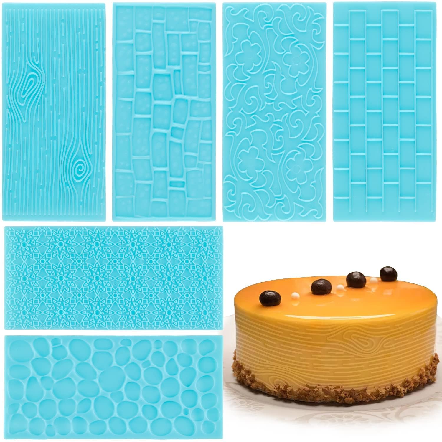 Plastic Embossing Fondant Icing Moulds Set, Silicone Blue 3D Bark, Wall, Stone, and Floral Texture Decorating Embossed Mold Set for Cake, Sugarcraft, Fondant, Resin, Polymer Clay, Crafting Projects