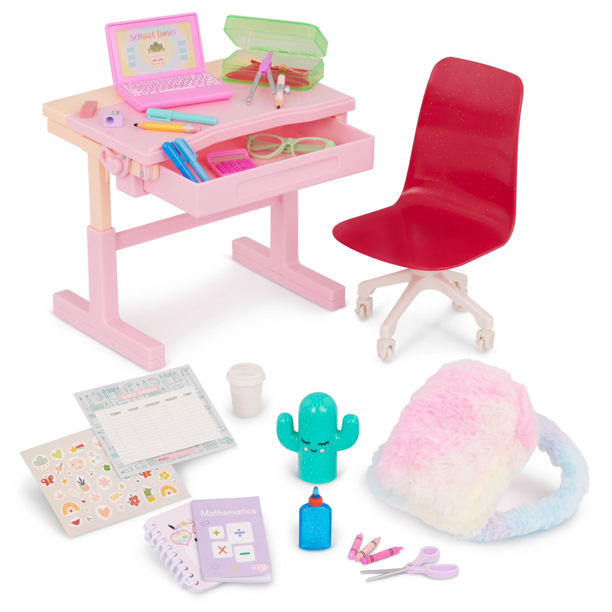 Our Generation - Rêves d'école - Ensemble de Bureau inclinable - Sac d'école, Lampe Lumineuse et Fournitures - Accessoires pour poupées de 46 cm - Jouer à Faire Semblant - 3 Ans et +