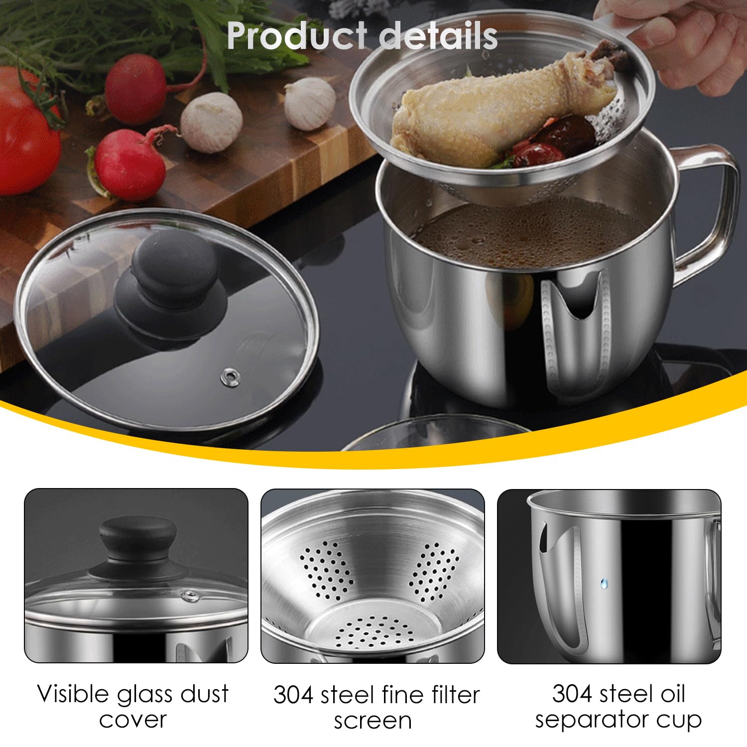 Tissting Récipient à Graisse 1000 ml Acier Inoxydable avec Passoire et Couvercle en Verre - Séparateur de Graisse pour Cuisson Design Bidirectionnel Chauffage par Induction 39.37 cm/15.5 inches