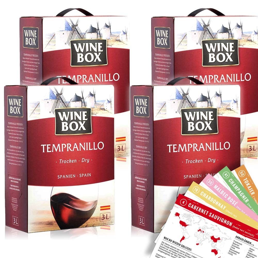 Wine Box Tempranillo, trocken, Bag-in-Box, sortenreines Weinpaket + VINOX Winecards (4x3,0l)
