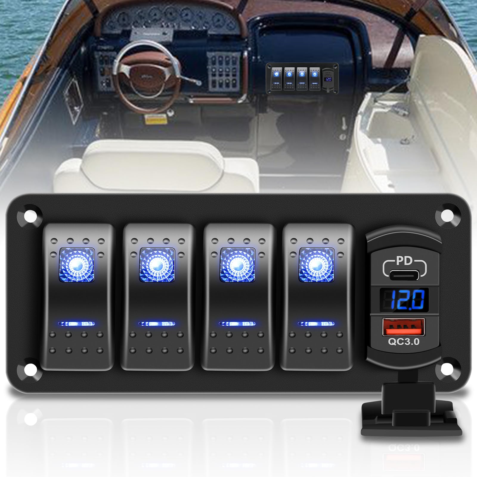 RVZONE 4-biegowy wodoszczelny panel przełącznika kołyskowego IP68, DC 12-24 V, cyfrowy woltomierz LED + podwójne USB (QC 3.0 i typ C), szybkie ładowanie, wstępnie okablowany panel przełącznika