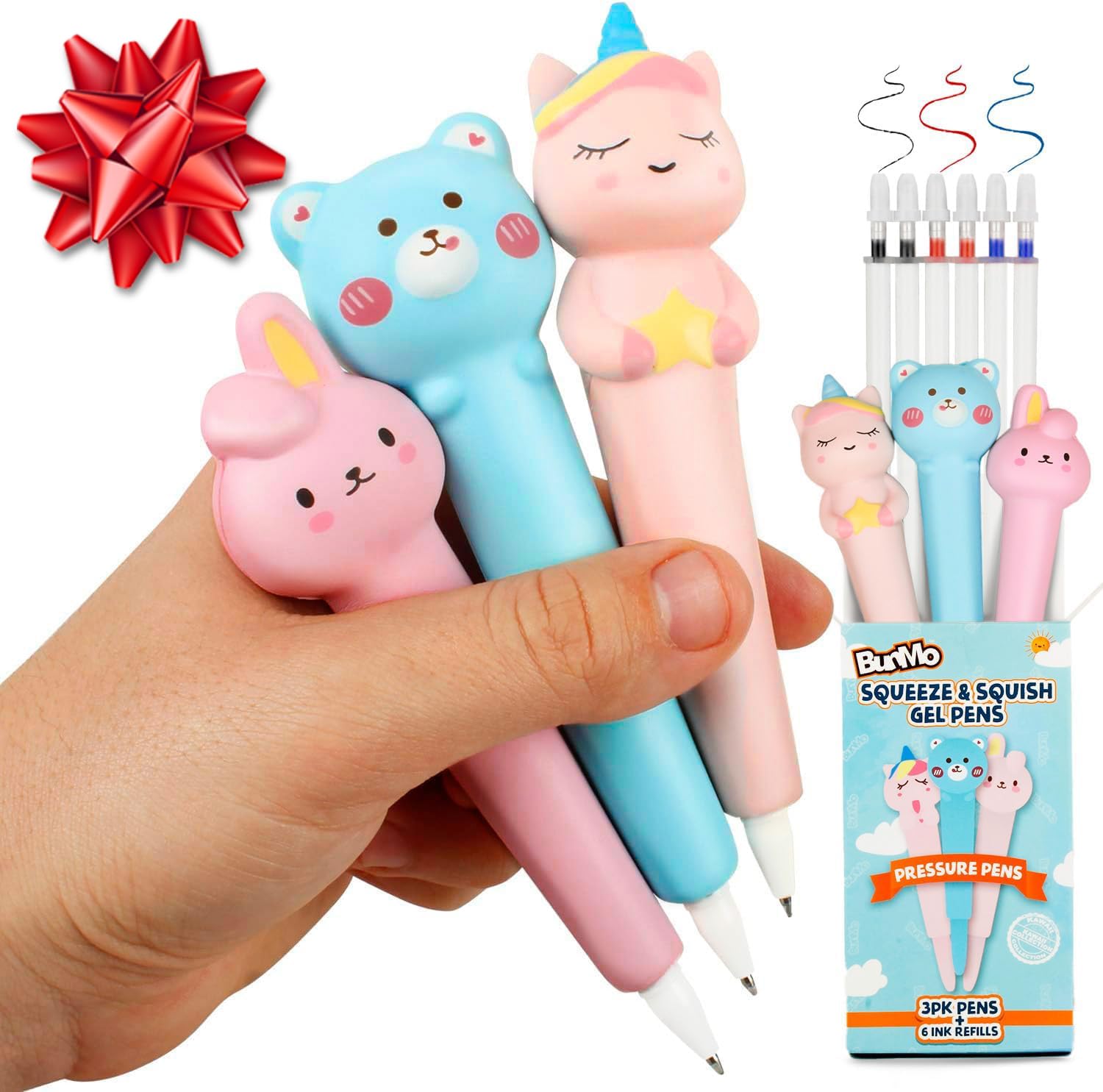 BUNMO Stocking Stuffers for Girls - Cute Gel Pens w/Soft Grip & 6 Refills Included - Gifts for Tween Girls - Designed for Squeezing - Fun Pens for Kids - Stocking Stuffers for Kids - Squishy 3 Pack