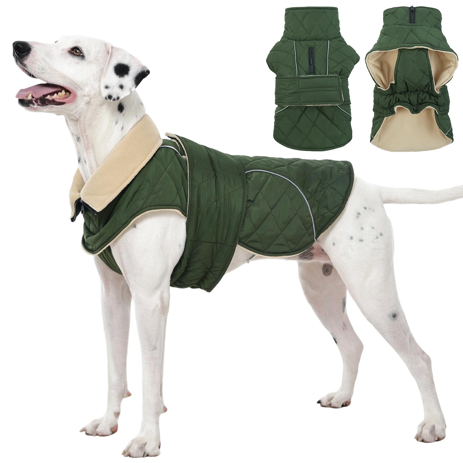 Kuoser Hundemantel für Mittelgroße Große Hunde, Hundejacke Wasserdicht Warm, Wintermantel mit Hohem Kragen & Klettverschluss, Elastischer Bauch, XL Grün