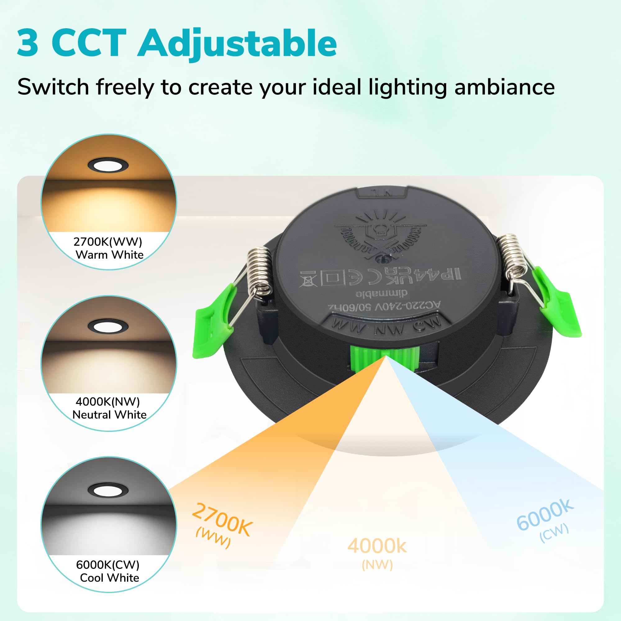 LED Einbaustrahler 230V Dimmbar 10er Set, 55–68 mm Lochmaß, 0–100% stufenlos dimmbar, Ultra Flach 25 mm, 6W, 2700K/4000K/6500K Einbauspots, IP44 LED Spots für Bad, Küche, Wohnzimmer, Schwarz