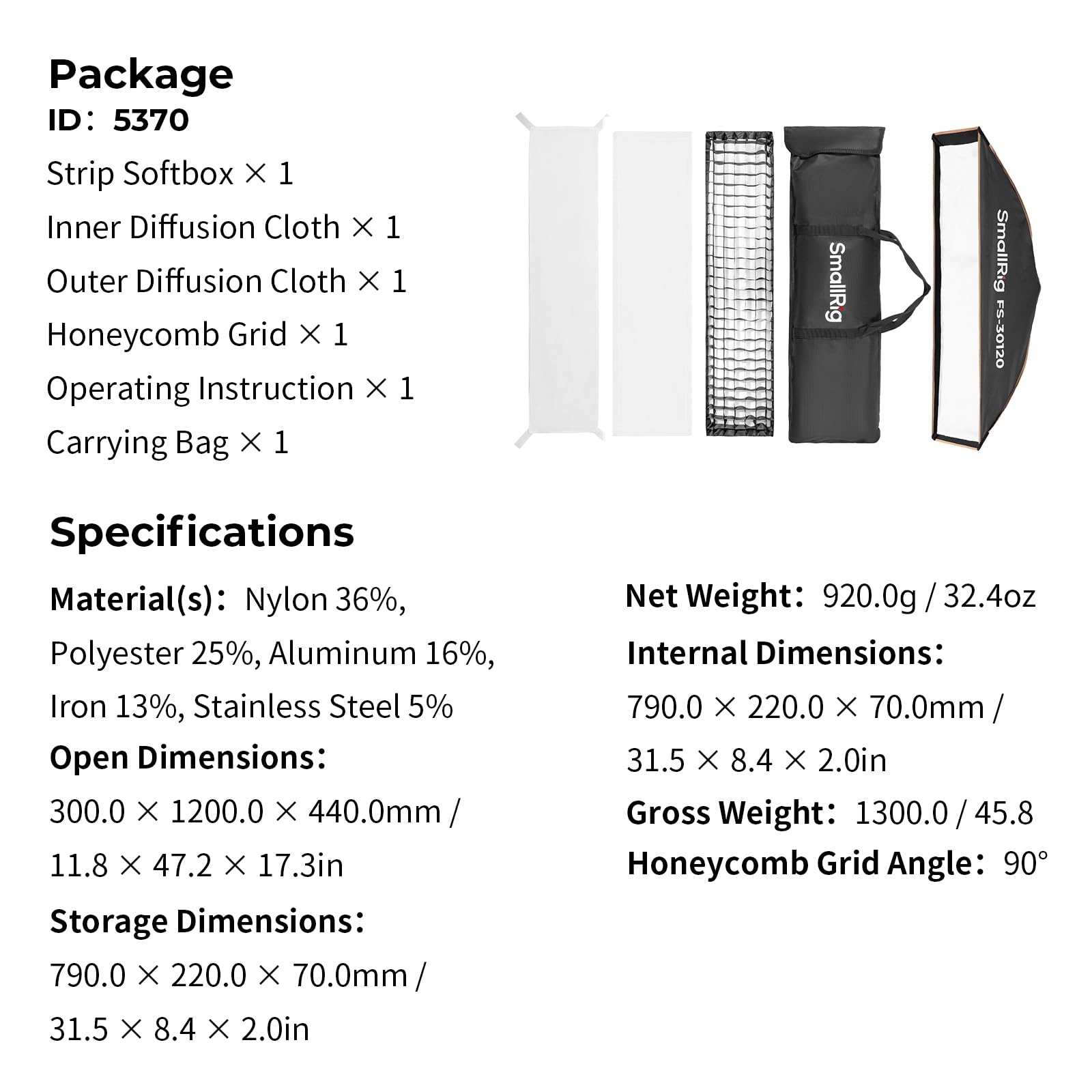 SMALLRIG 12'' x 47'' Schnellwechsel-Softbox Bowens FS-30120 mit Diffusor/Wabengitter/Tasche, Softbox kompatibel mit SmallRig RC 220 pro, für Bowens Mount COB Lights, für Godox für Neewer -5370