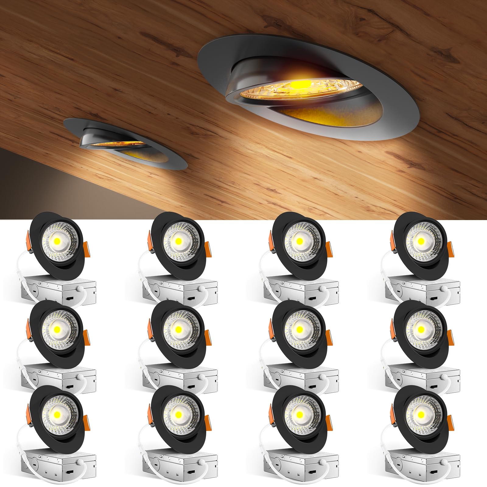 Amico 12 Pack 4 Inch 5CCT Gimbal LED Recessed Lighting, 360°&90°Adjustable Eyeball Directional Downlight, Dimmable, 2700K/3000K/3500K/4000K/5000K Selectable, 9W 700LM CRI90+, Black, ETL&FCC