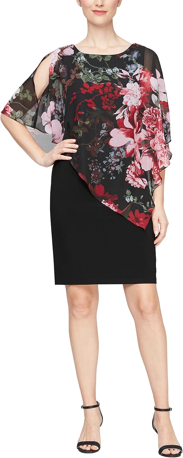 S.L. Fashions Women's Sleeveless Print Asymmetric Chiffon Overlay Dress 14 Black Red Floral