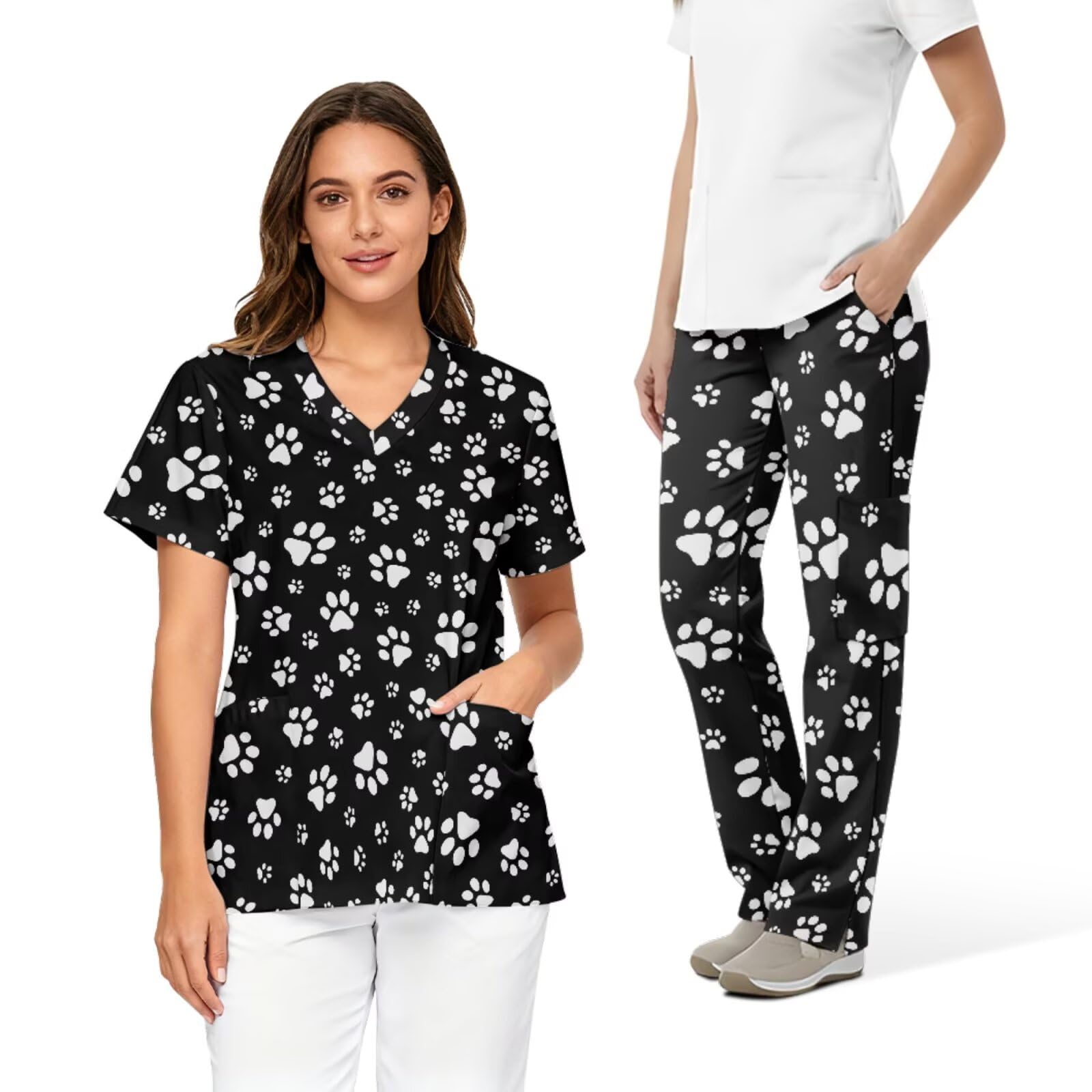Printed Scrubs Set for Women Stretch V-Neck Scrub Tops with Pants Pocket Medical Uniform for Nurse Doctor Work