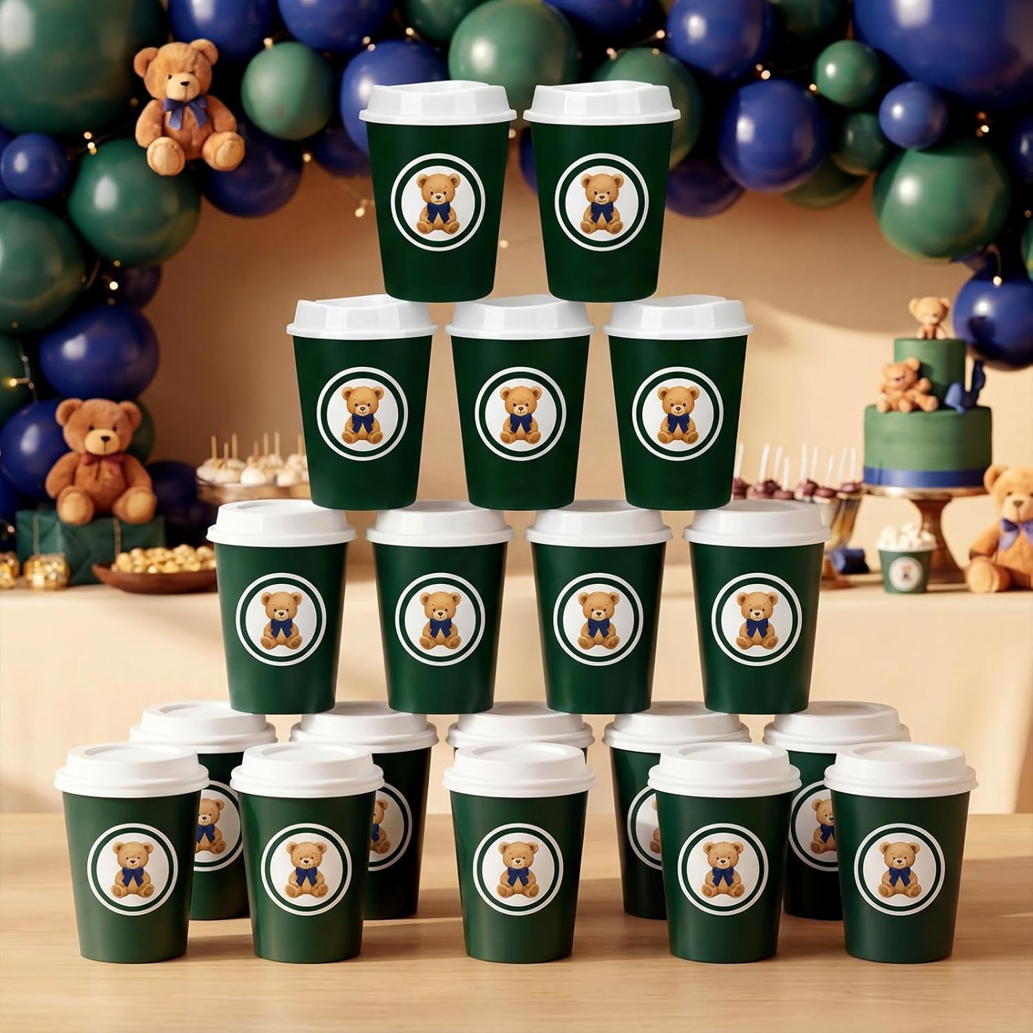 Jingmore 24 Pcs Bear Baby Shower Supplies 12 oz Reusable Coffee Cups with Lids Retro Style Hot and Cold Drinkware Table Decoration for Guest Baby Showers Gender Reveals Birthday Parties