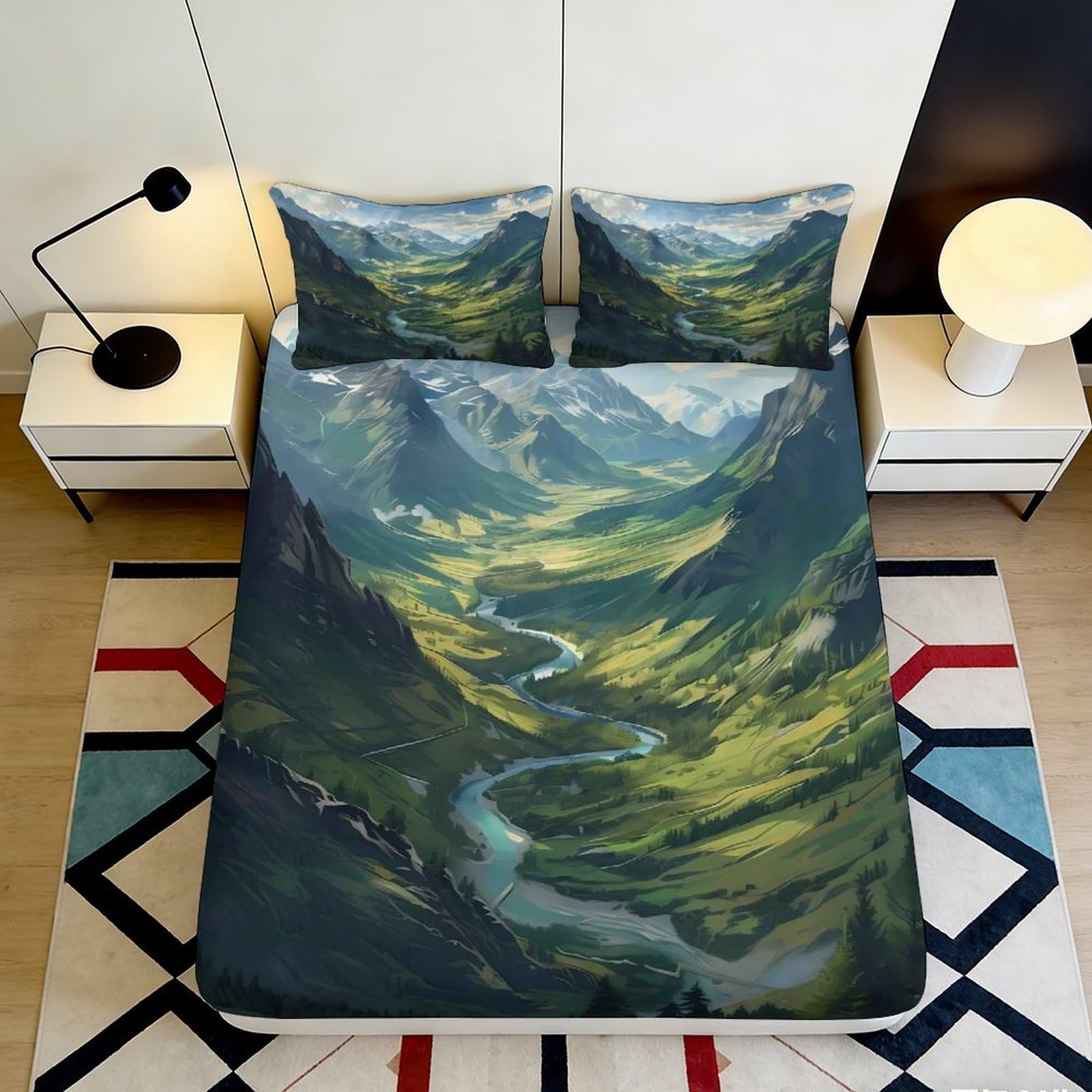 Pnayamiorkfel Style-1 3D Printed Mountain Valley Fitted Sheet Microfiber Soft Scenic River Bed Cover For Bedroom Guest Room Decor 90X200x25cm