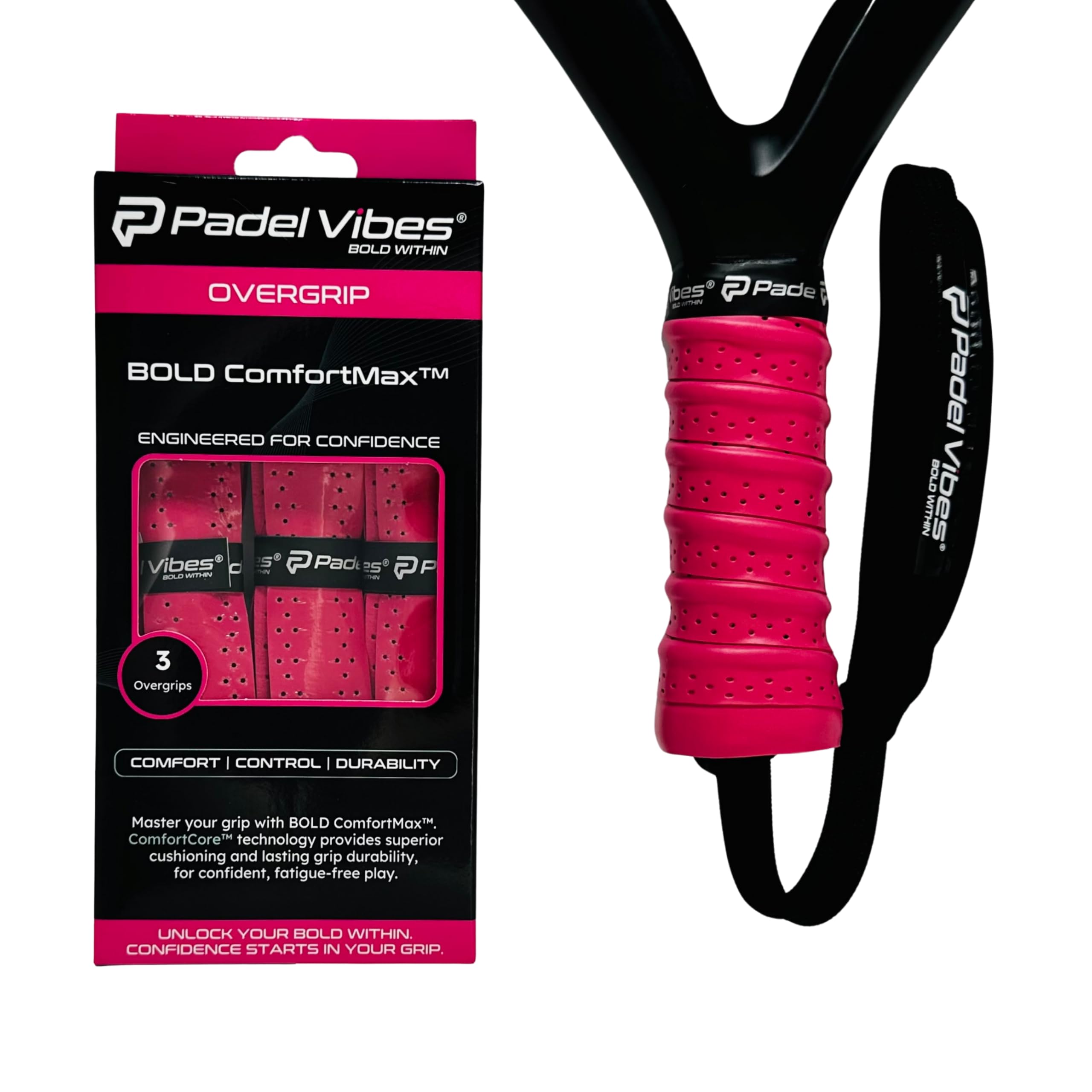 Padel Vibes® BOLD ComfortMax™ Overgrip | Perforated, Ergonomic Overgrips for Padel, Tennis, Badminton, Squash, Racketball | Sweat-Absorbing, Anti-Slip, Durable (Red | 3-Pack)