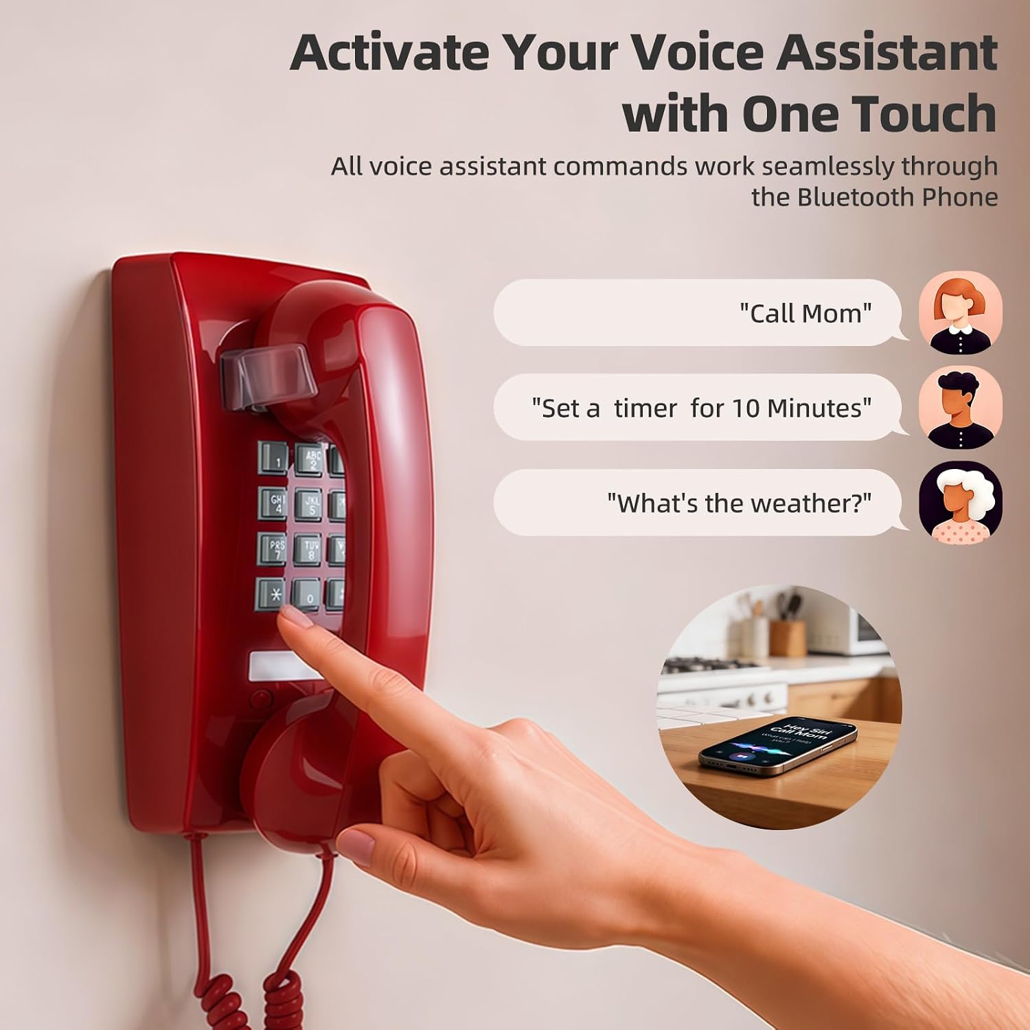 Bluetooth Retro Wall Phone Bluetooth Compatible with Android & iOS, Bluetooth Landline Phone Wireless Home Telephone with Voice Assistant,Speakerphone & Volume Control, Red