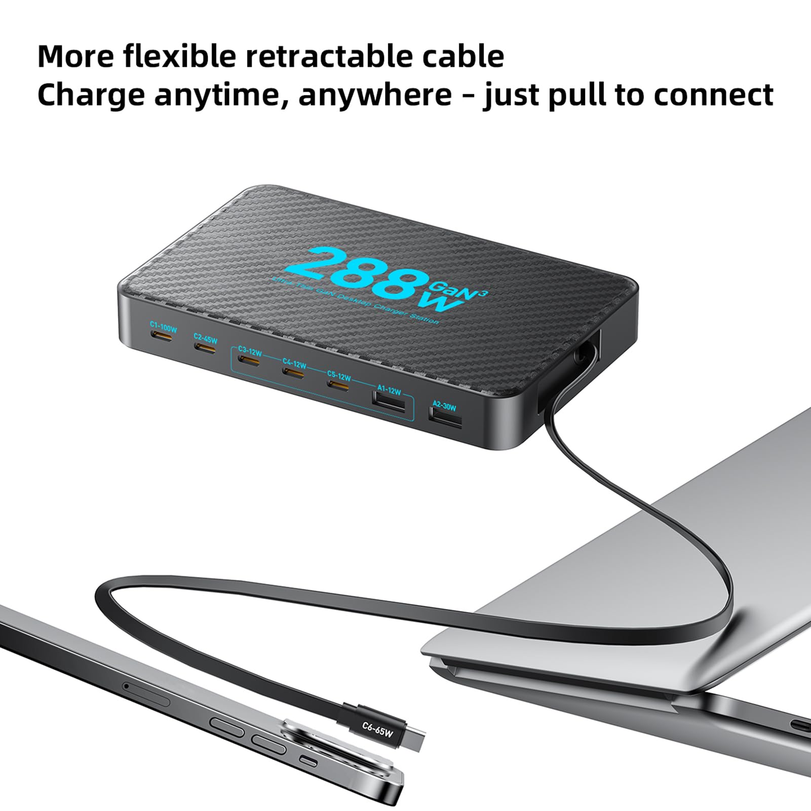 XUMIUZIY Stacja ładująca GaN USB C o Mocy 288 W, 8-portowa ładowarka Biurkowa z 6 Portami USBC i 2 Portami USBA, Adapter Szybkiej ładowarki do Wielu urządzeń, ze Zwijanym Kablem (288W)