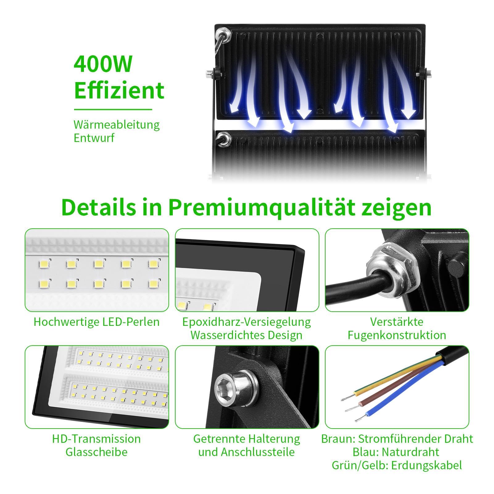 papasbox 2 Stück 400W LED Strahler Flutlichter Außen | Scheinwerfer Außenstrahler 6500K Kaltweiß IP66 Wasserdicht | LED Fluter für Garten Garage Sportplatz
