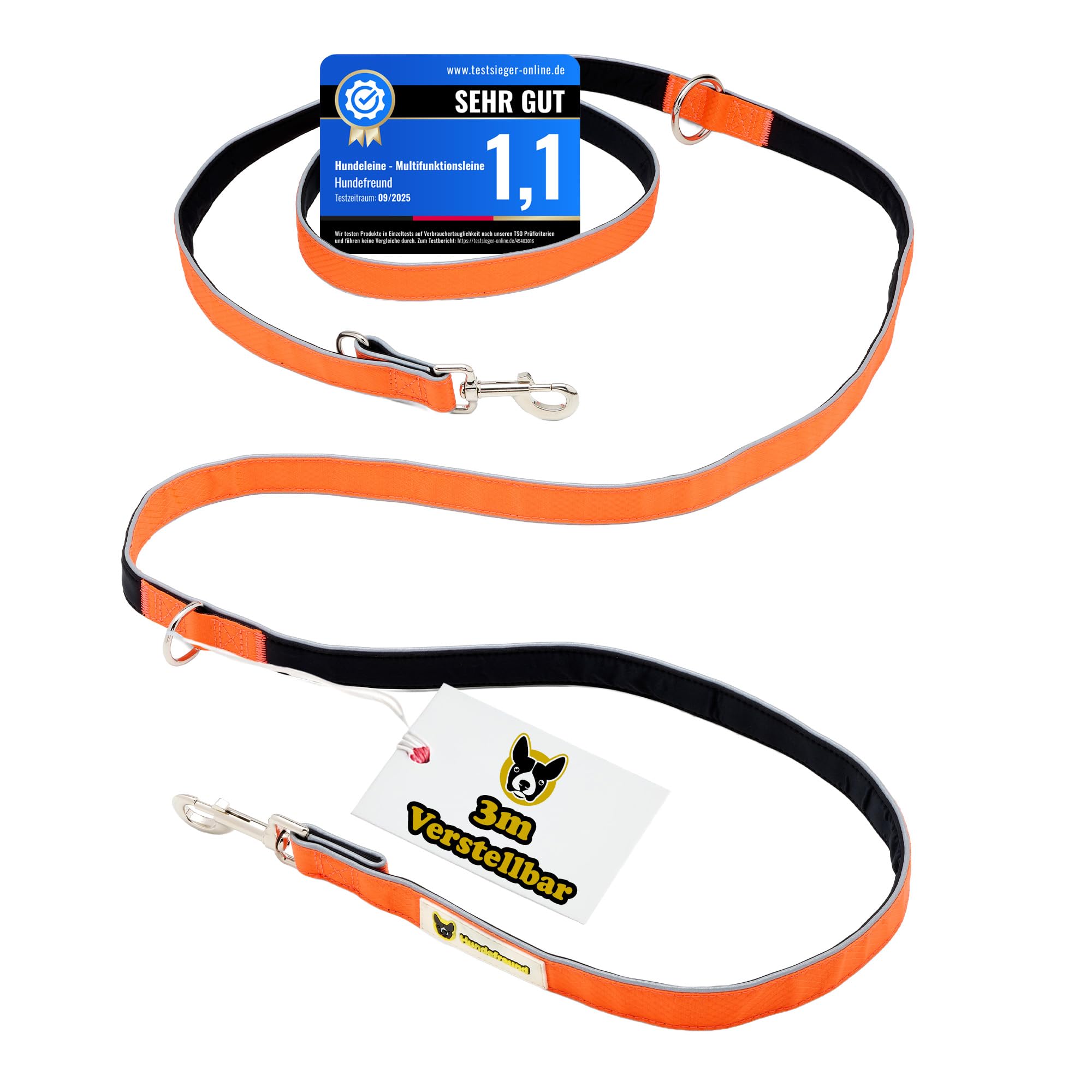 Hundefreund 6-in-1 Multifunktionsleine - Verstellbare Hundeleine 3m für mittlere und große Hunde mit 3 Ringen - Reflektierende Umhängeleine, Führleine und Schulterleine zum Umhängen in einem