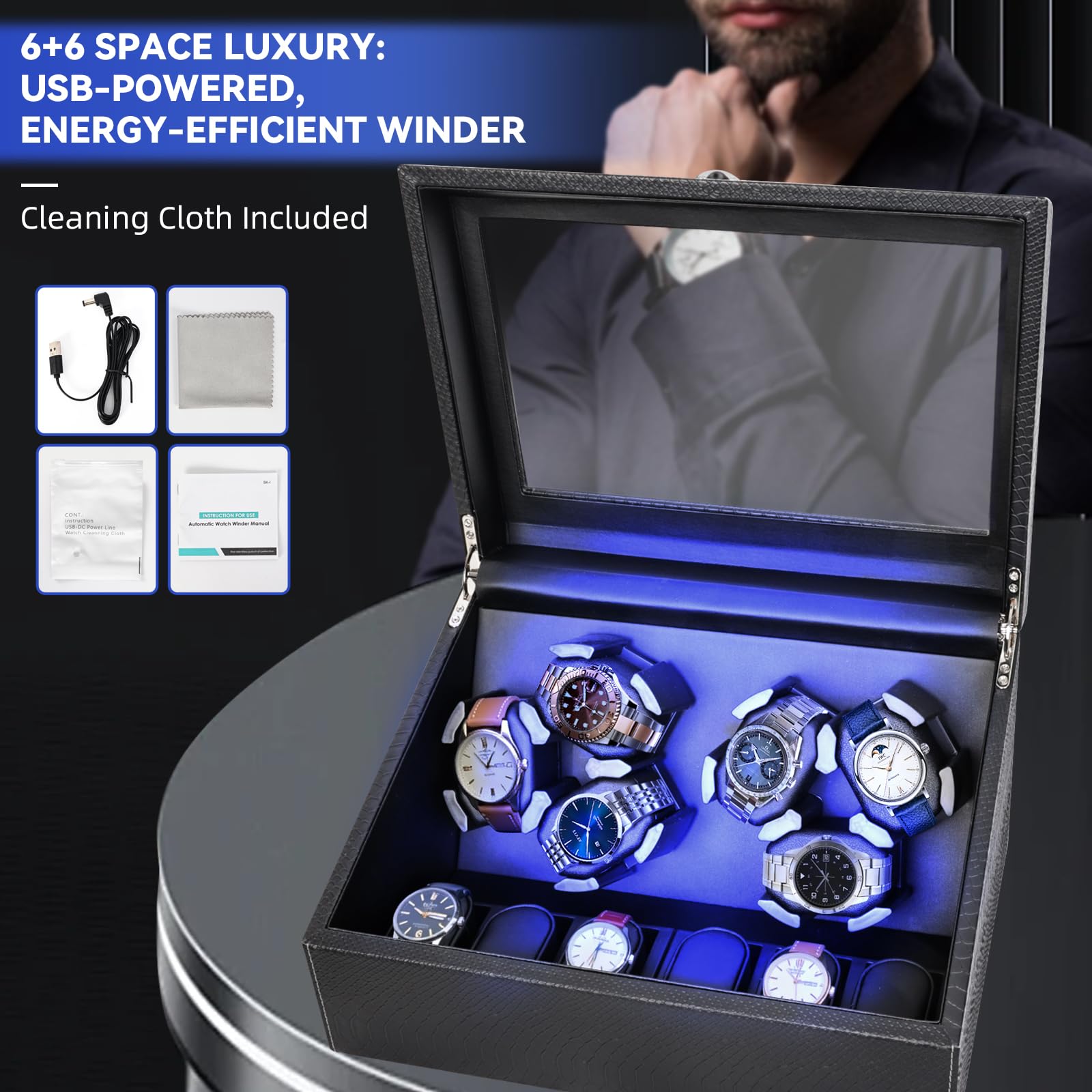 Hightall - Remontador automático para relojes 6 + 6 con motor silencioso (< 5 dB), espuma viscoelástica antiarañazos y base estable de fibra de carbono y diseño de piel de serpiente, Negro , M
