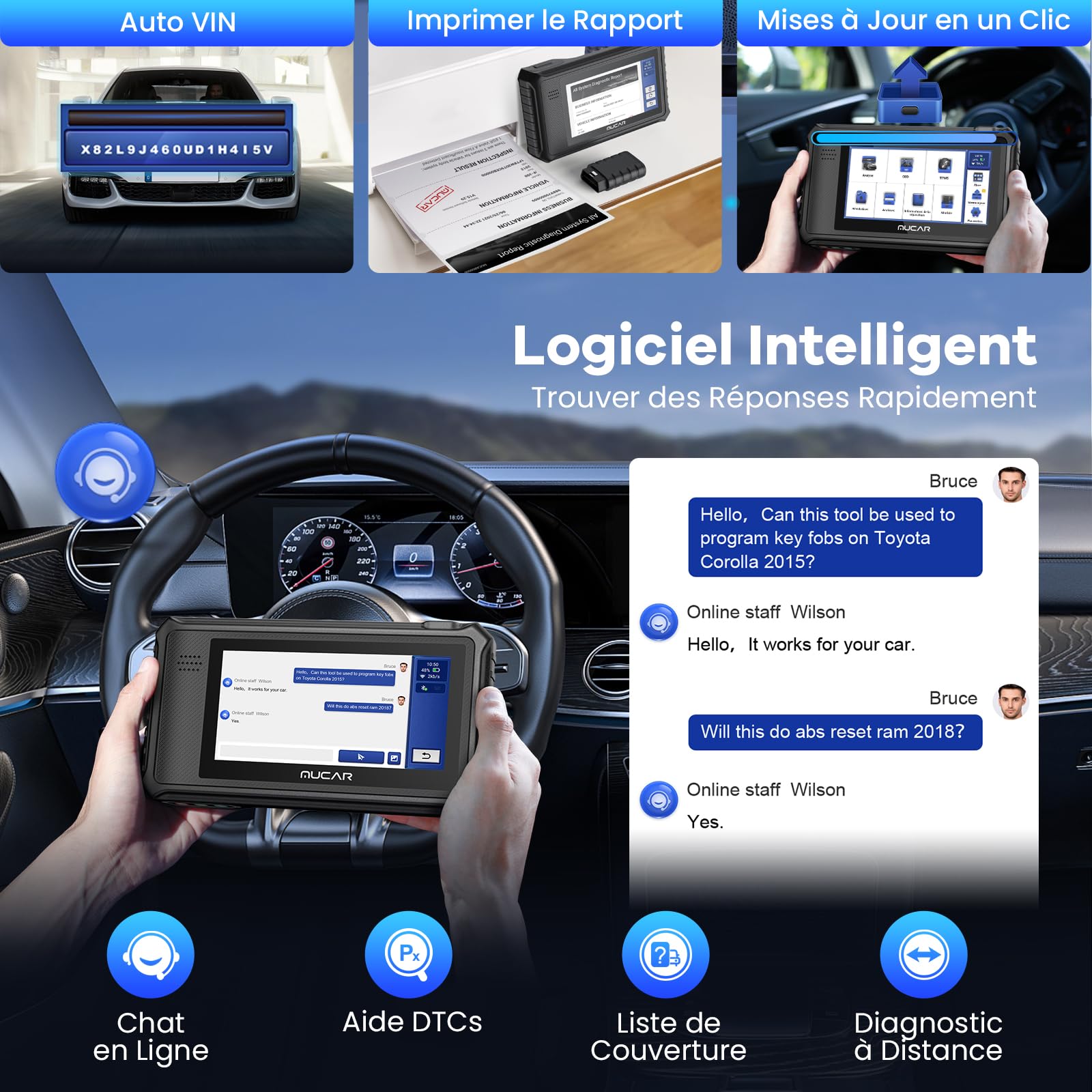 mucar VO6 Valise Diagnostic Auto, Outil D'analyse Complet des Systèmes sans Fil de Niveau OE avec Scanner de Voiture à 28 Réinitialisation, FCA AutoAuth, Mise à Jour sans Fil