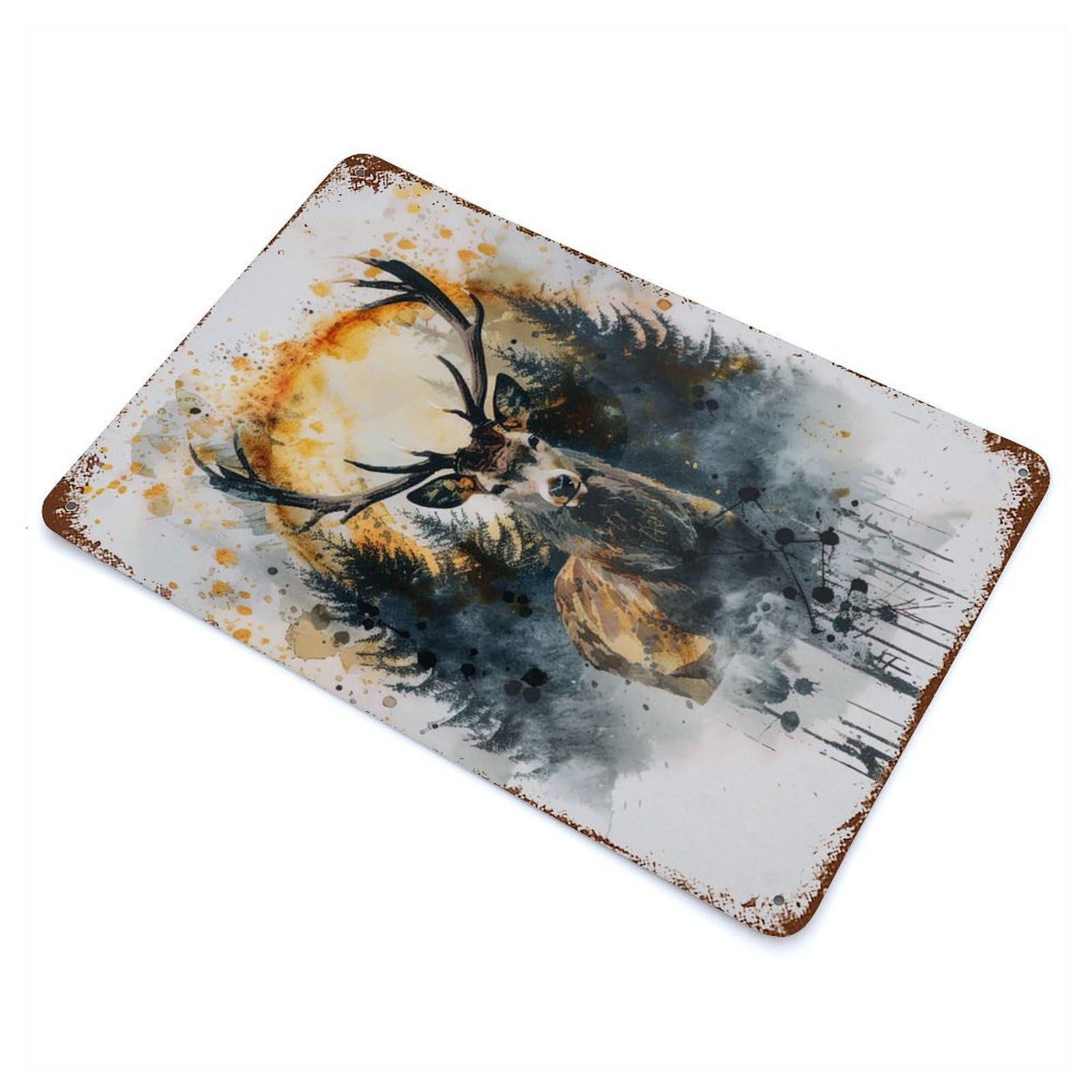 Garage Style Deer Watercolor Aged Metal Wall Plaque 11.8"x7.9", Farmhouse Wall Decor for Bar And Workshop