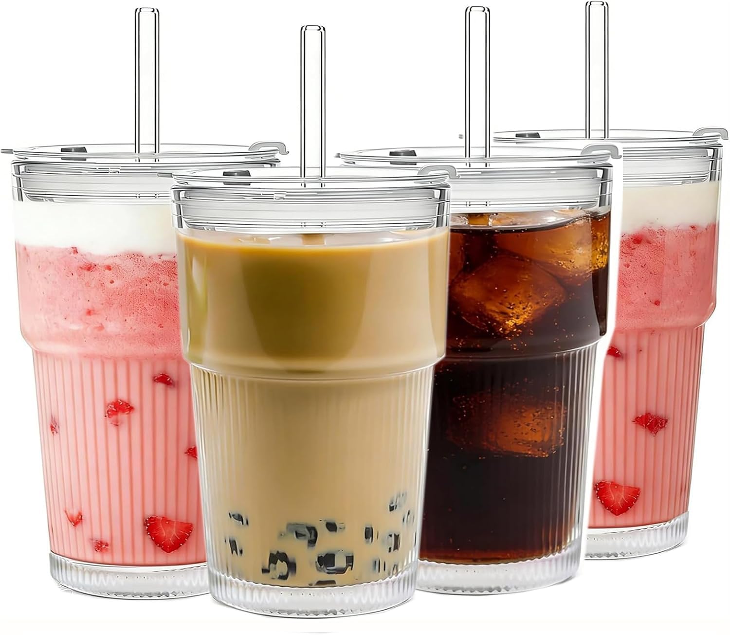 ALINK 4 Pack 16 oz Ribbed Glass Tumblers with Lids and Straws Glassware Cups Set, Thickened Glass, Ideal for Iced Coffee, Smoothies, Cocktails,Juices