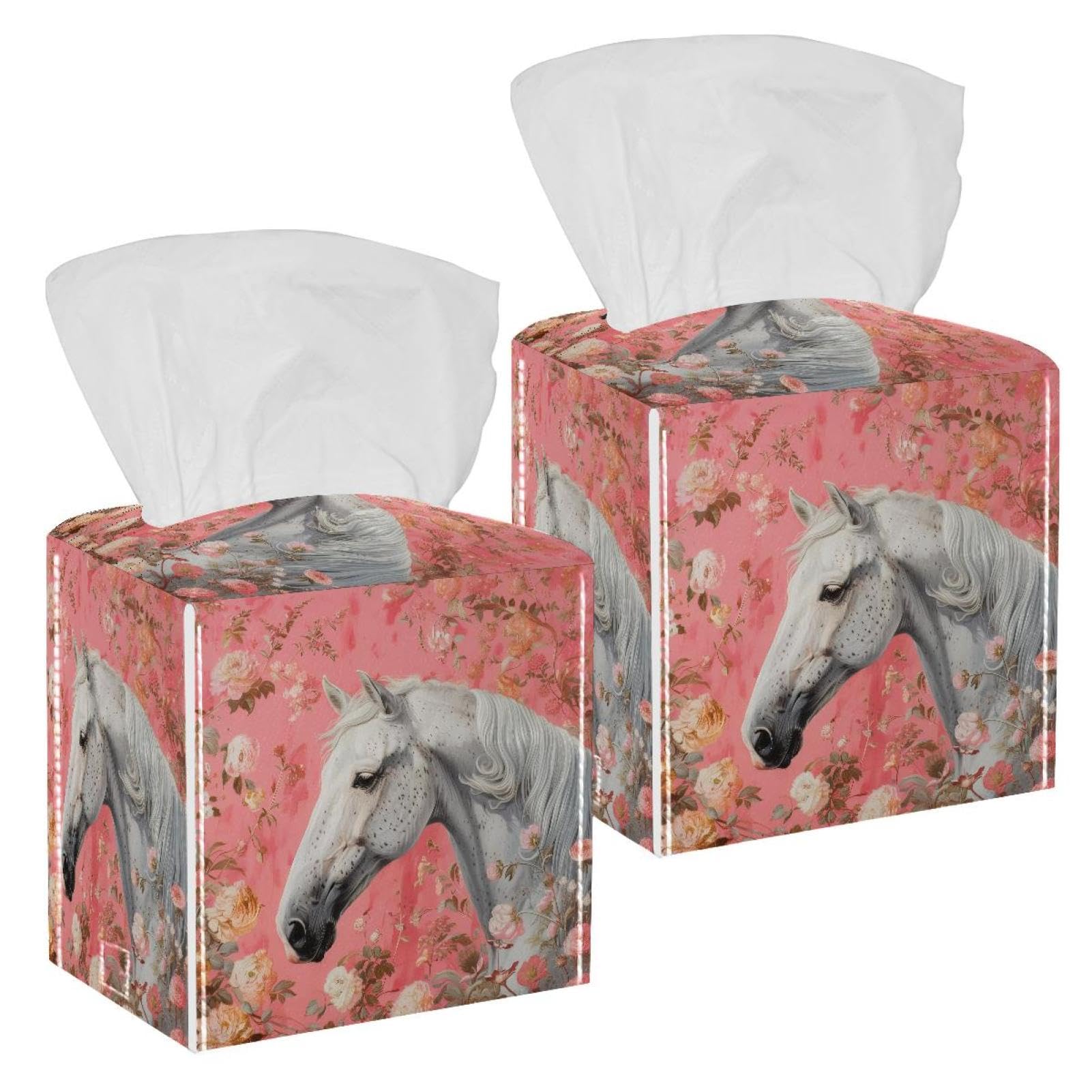 Horse Vintage Tissue Box Cover, 2 Pack PU Leather Square Facial Tissue Dispenser Box holder for Home Office Car