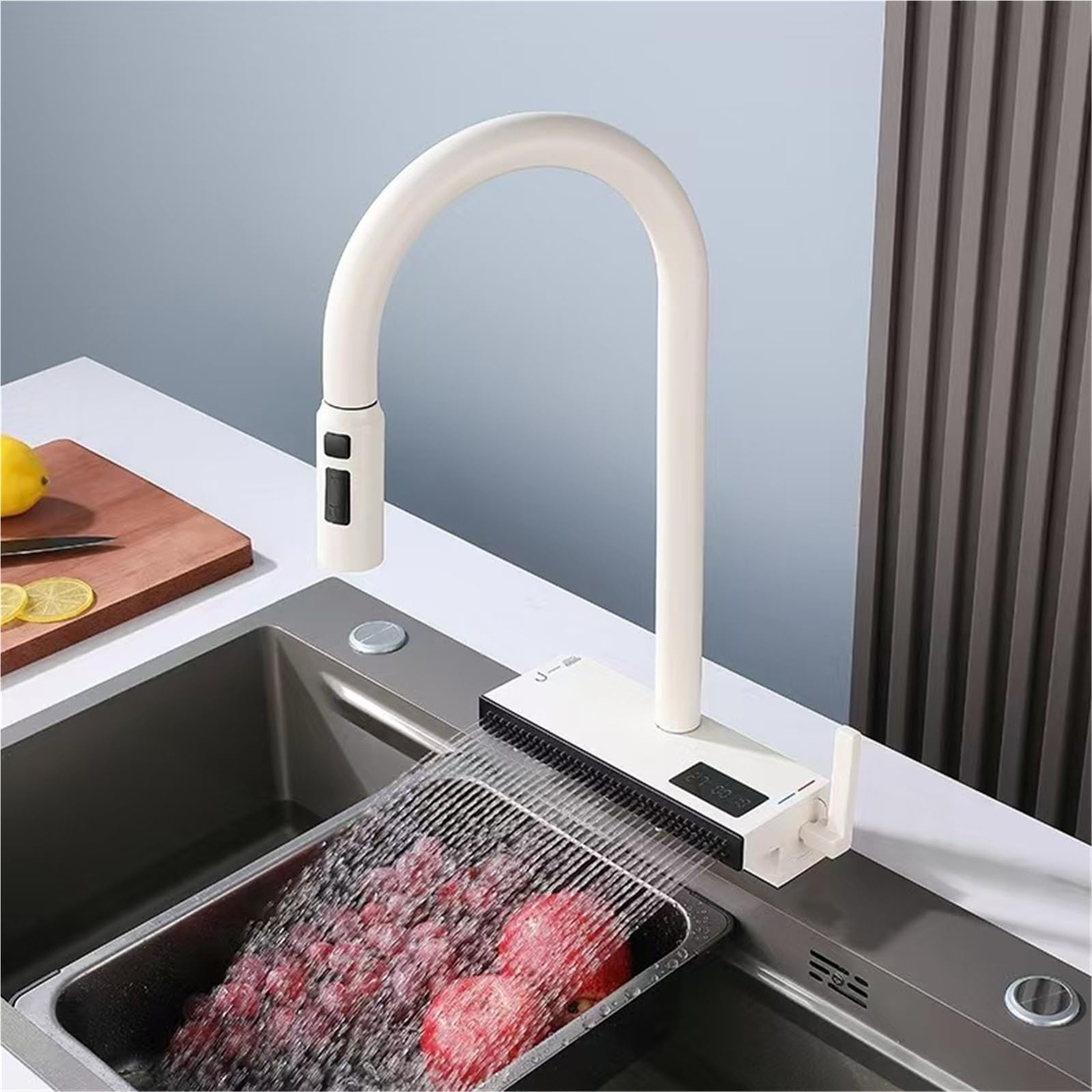 Nowoczesna, obracana o 360° armatura kuchenna z wodospadem z cyfrowym wyświetlaczem temperatury i 4 trybami ogrzewania/zimnej wody – elegancki, mleczno-biały design