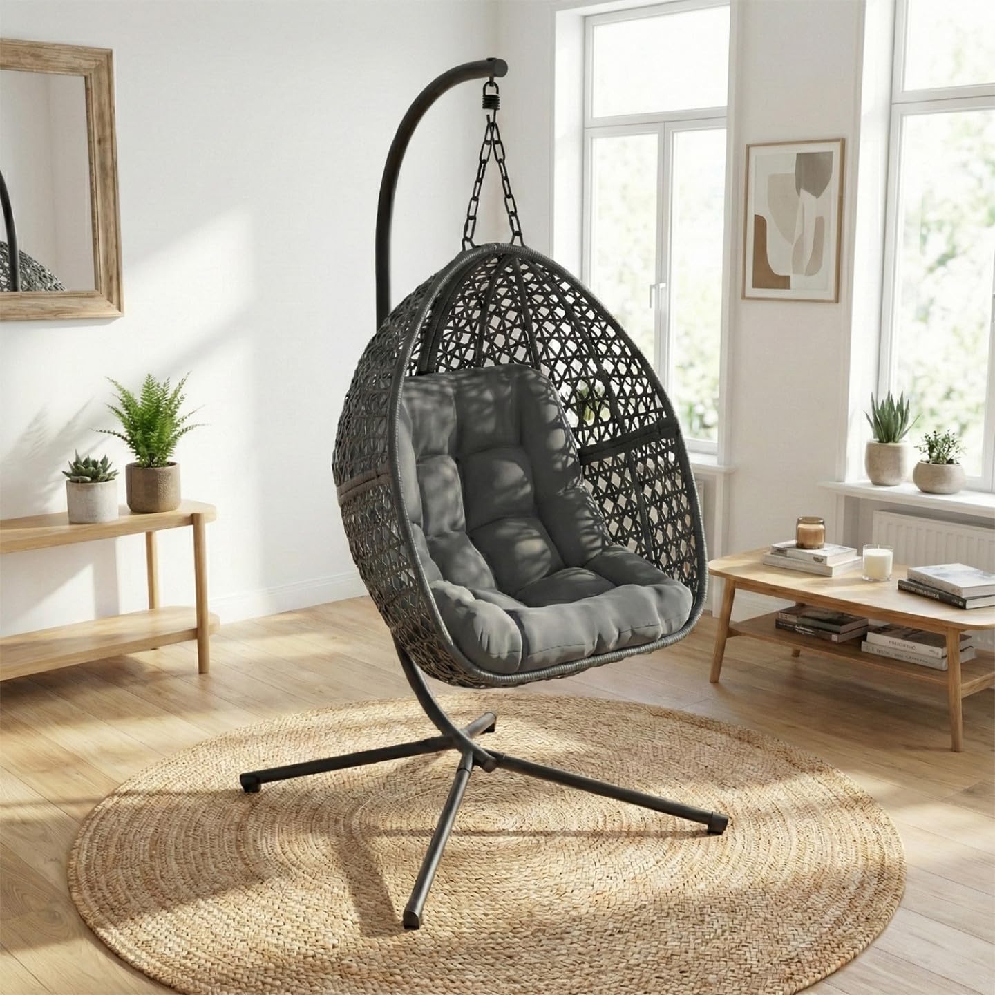 IDMarket - Fauteuil Lune Suspendu ajouré Effet rotin avec Coussin Gris