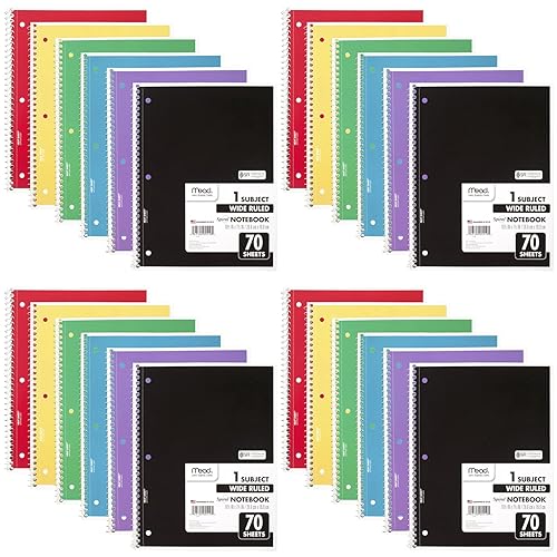 Mead Spiral Notebook, 24 Pack, 1 Subject, Wide Ruled Paper, 7-1/2" x 10-1/2", 70 Sheets per Notebook, Colors Will Vary (930203-ECM25)