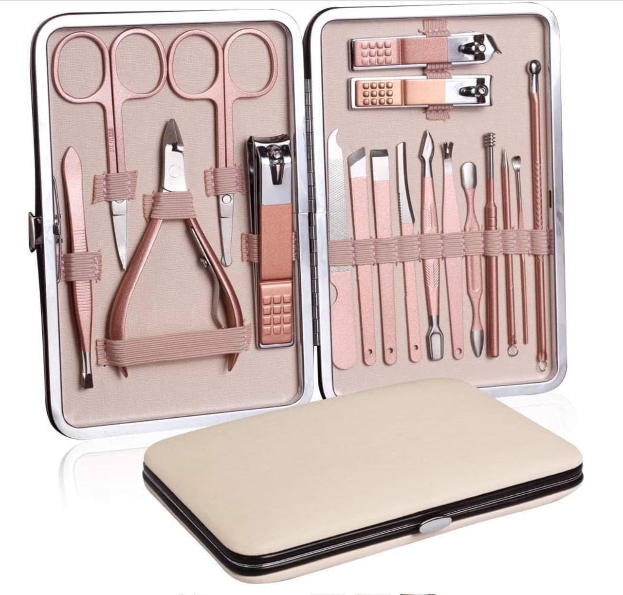 Manicure Set Professional Nail Clippers Pedicure Kit, 18 pcs Stainless Steel Nail Care Tools Grooming Kit with Luxurious Travel Leather Case for Thick Nails Men Women Gift (Rose Gold)