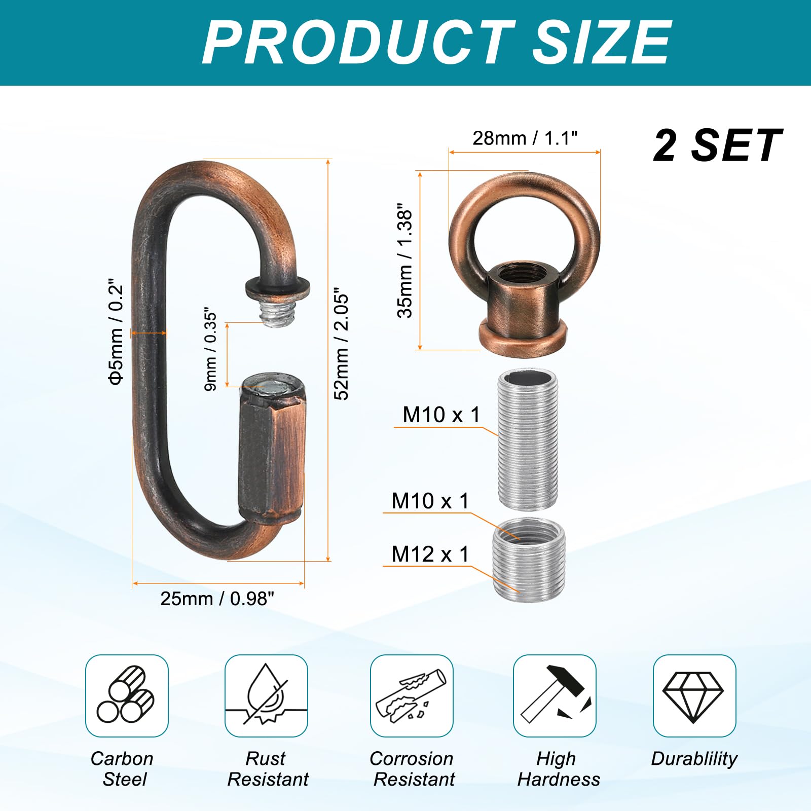 PATIKIL M10 Fine Thread Lamp Female Loop Holder with M12 Adapter Chain Quick Link - Image 2