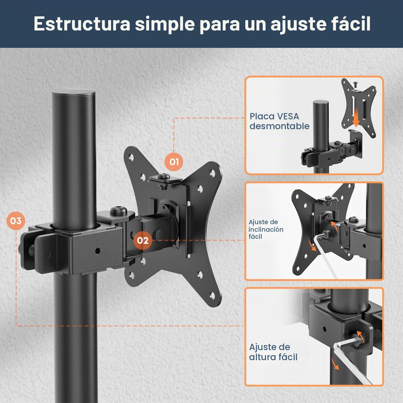 PUTORSEN Soporte para Monitores y TVs LCD LED 17-42 Pulgadas, Brazo con Altura Ajustable, Movimiento de Inclinación y Giro, Carga Máxima 12kg, VESA 75x75 a 200x200mm