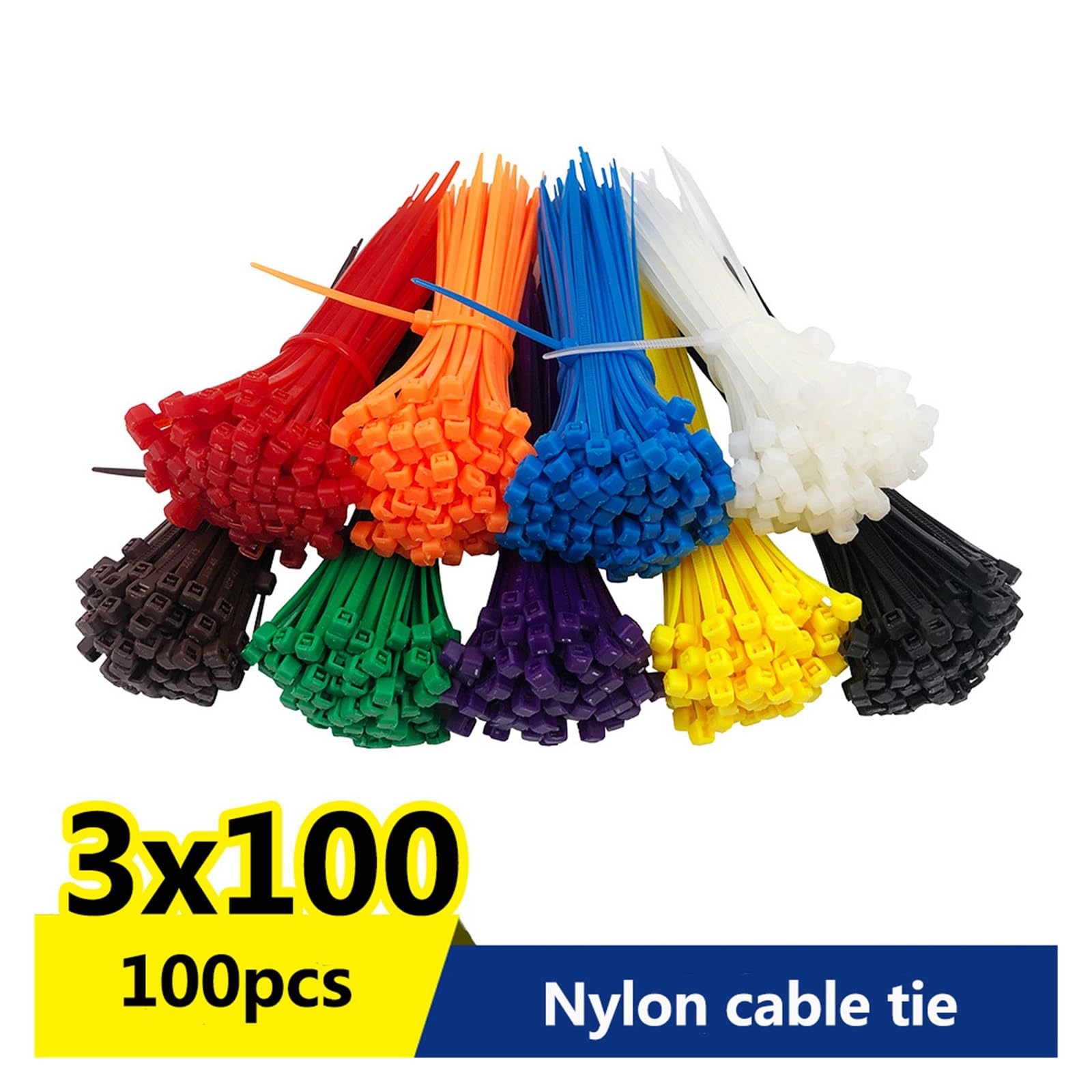 100 Stück/Beutel, 8 Farben, selbstsichernde Nylon-Draht-Kabelbinder, Kabelbinder, Weiß, Schwarz, Organizer zum Befestigen von Kabeln (Farbe: 9 Farben 900 Stück, Größe: 3 x 100) (Gelb 100 Stück 3 x 1