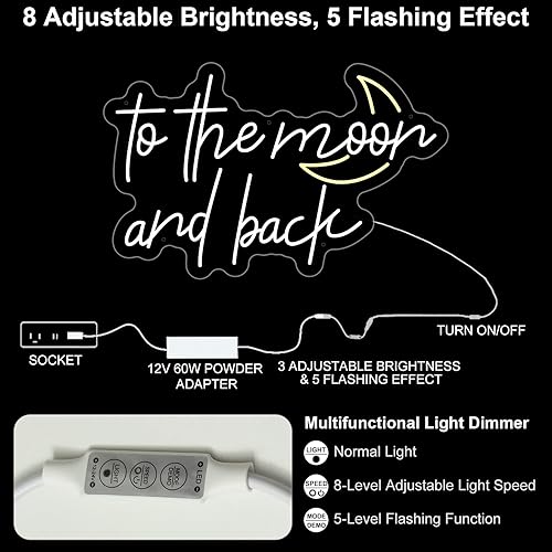 Miniatura 5 de Letrero de neón con texto en inglés "To The Moon and Back", decoración de luna, propuesta de boda, letrero grande con luz LED para decoración de