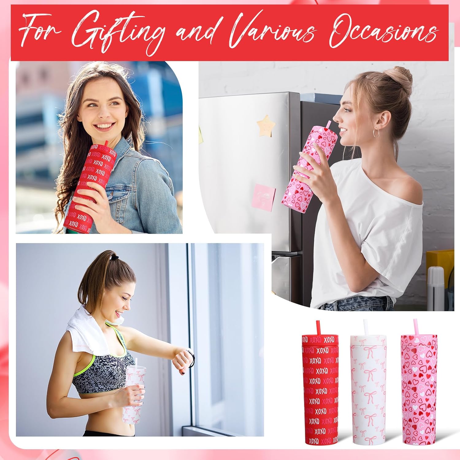 Honeydak 3 Pcs Valentines Tumbler Valentines Cups Gifts, 16oz Red White Pink Tumbler with Lid Straw Heart Bows Reusable Cups Plastic Travel Mugs for Women Galentines Wedding Anniversary Birthday - Image 6