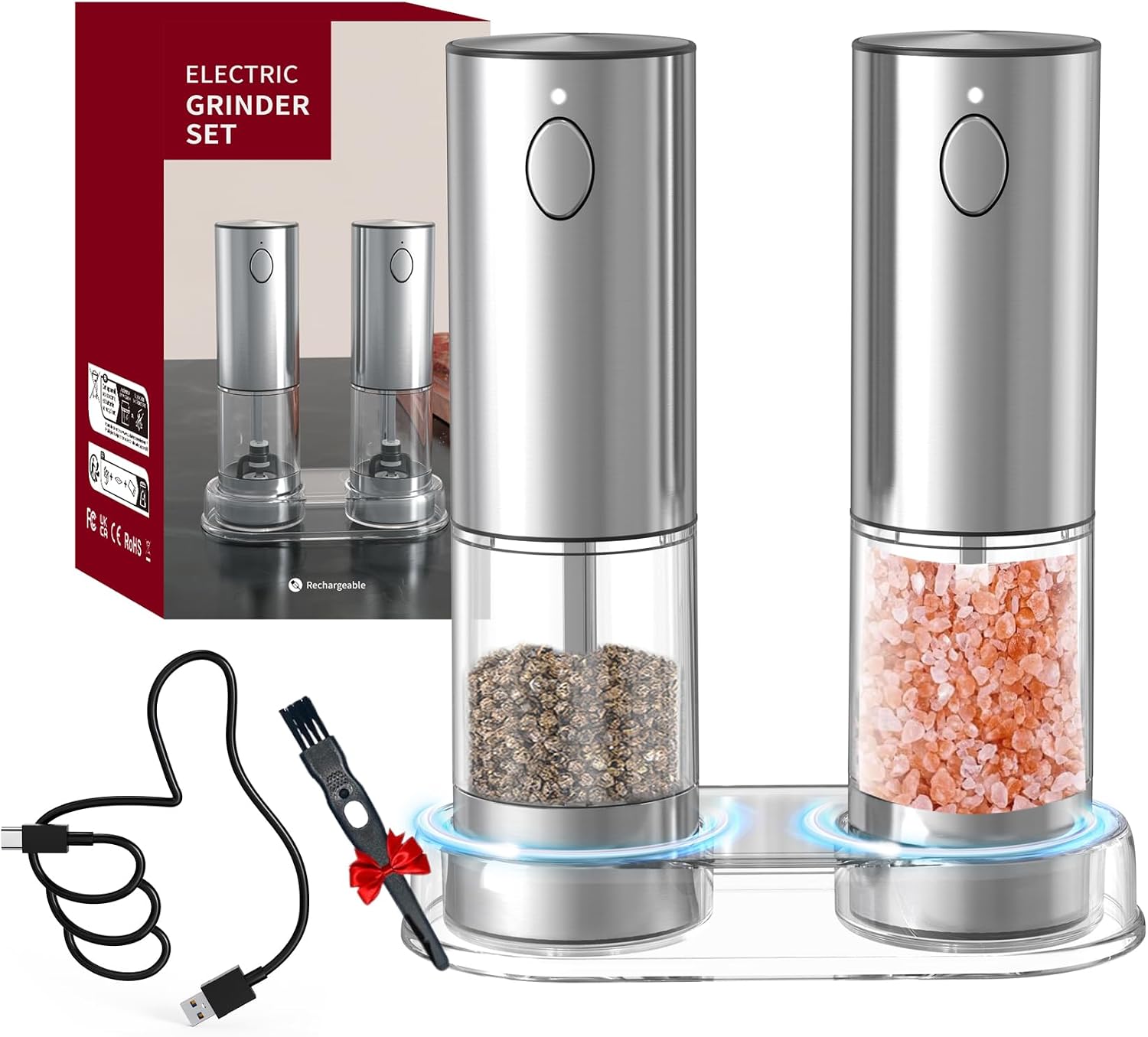 Electric Salt and Pepper Grinder Set, Pepper Mill With Adjustable Coarseness, 95ml Large Silo,Rechargeable Salt Pepper Shakers Steel Body with Ceramic Grinding Head, Brush, Visuable Window Led Light