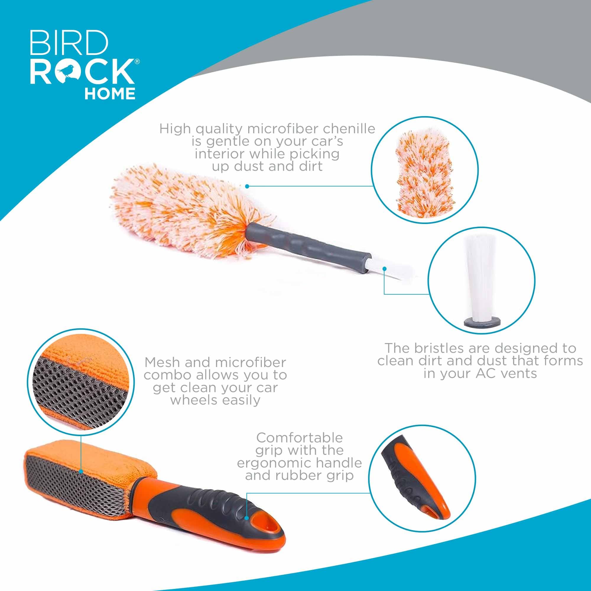 BirdRock Home Car Wash and Detailing Kit | Includes 6 pcs | Exterior and Interior Cleaning | Wheel Brush | Sponge | Duster | Extendable Cleaning Tool