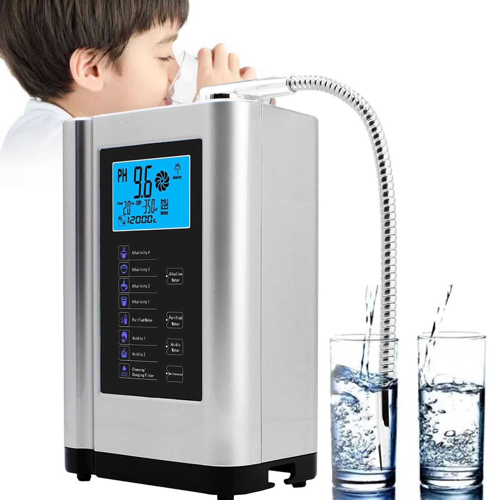 Alkaline Water Ionizer Purifier Machine with 7 Settings - Alkaline & Acid Water, Auto-Cleaning Function - Silver