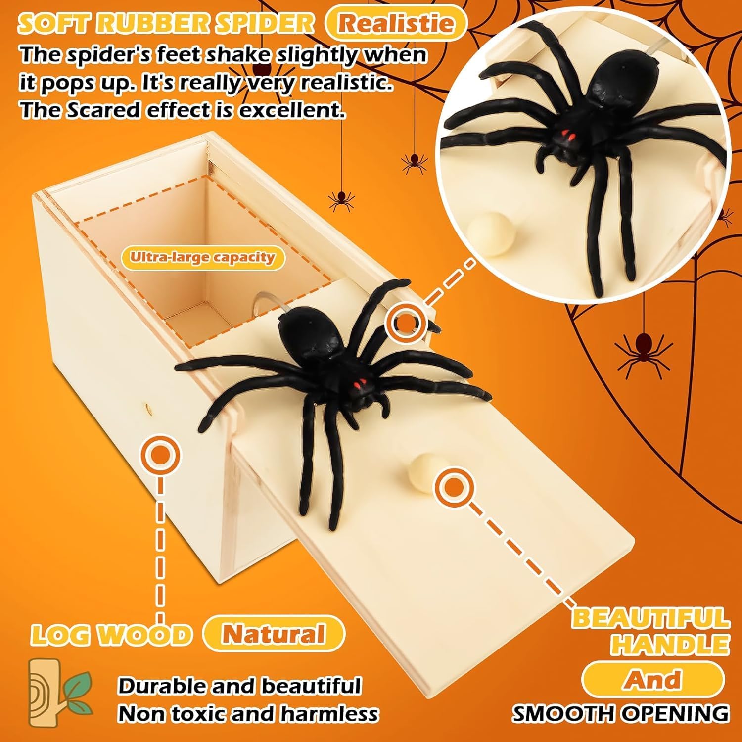Scatola Scherzo Ragno In Legno – Ragno Che Salta Fuori, Giocattolo Spavento Per Halloween E Pesce D'Aprile - 3